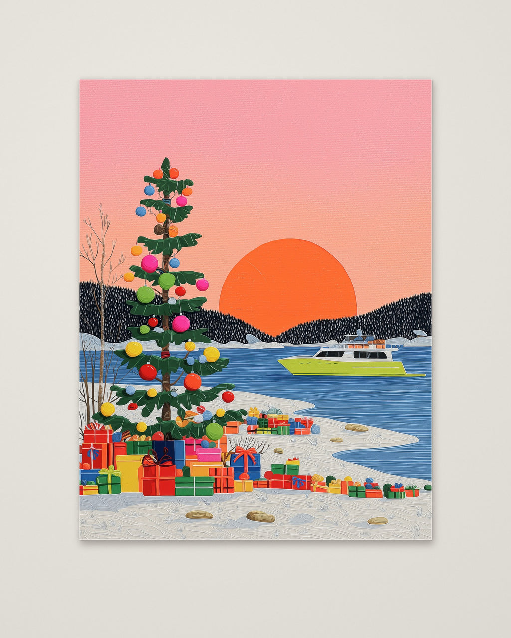 Festive Winter Sunset Folk Art as an unframed matte paper print
