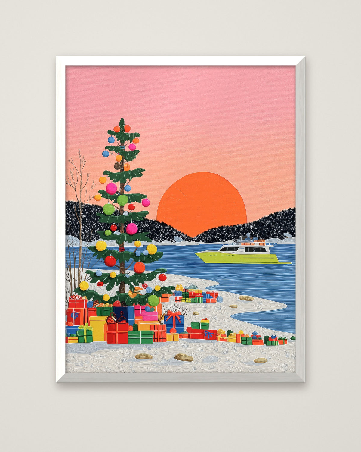 Festive Winter Sunset Folk Art in a white frame