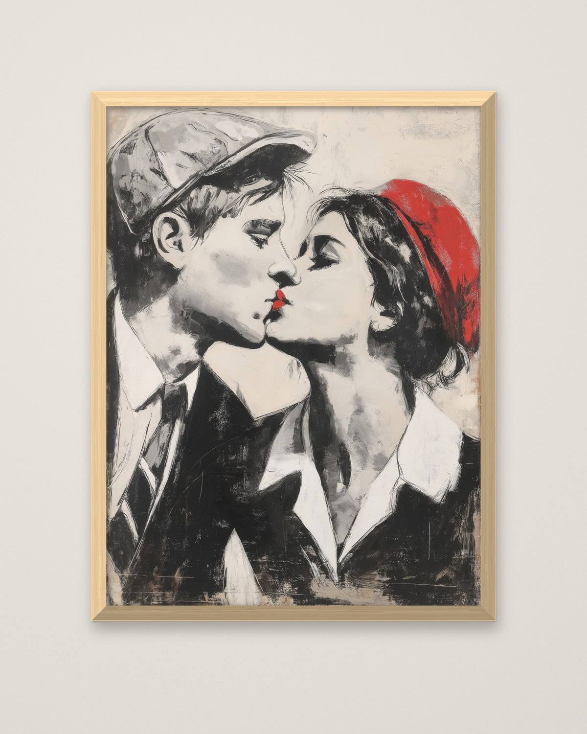 First Kiss Urban Graffiti Art in a natural wood frame