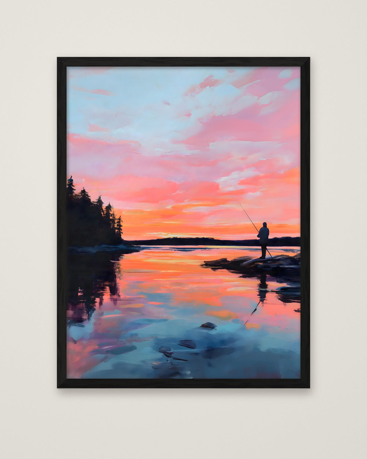 Fisherman Sunset Lake Art in a black frame