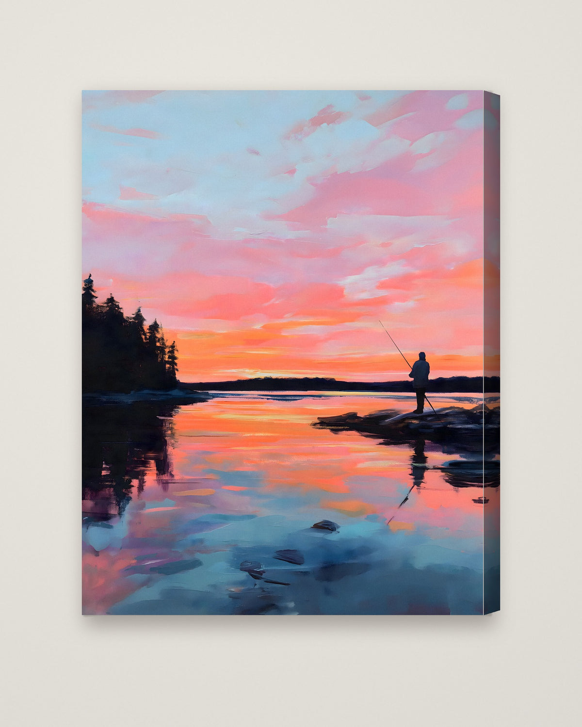 Fisherman Sunset Lake Art as a stretched canvas