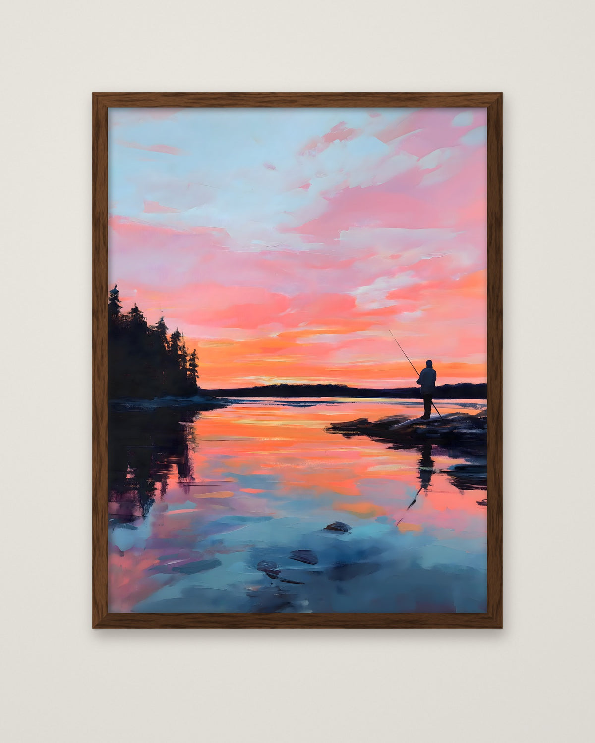 Fisherman Sunset Lake Art in a dark wood frame