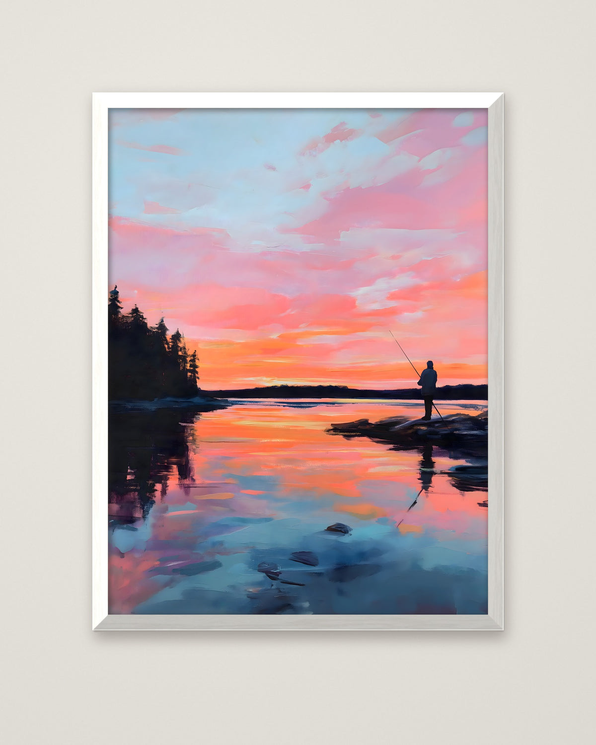 Fisherman Sunset Lake Art in a white frame