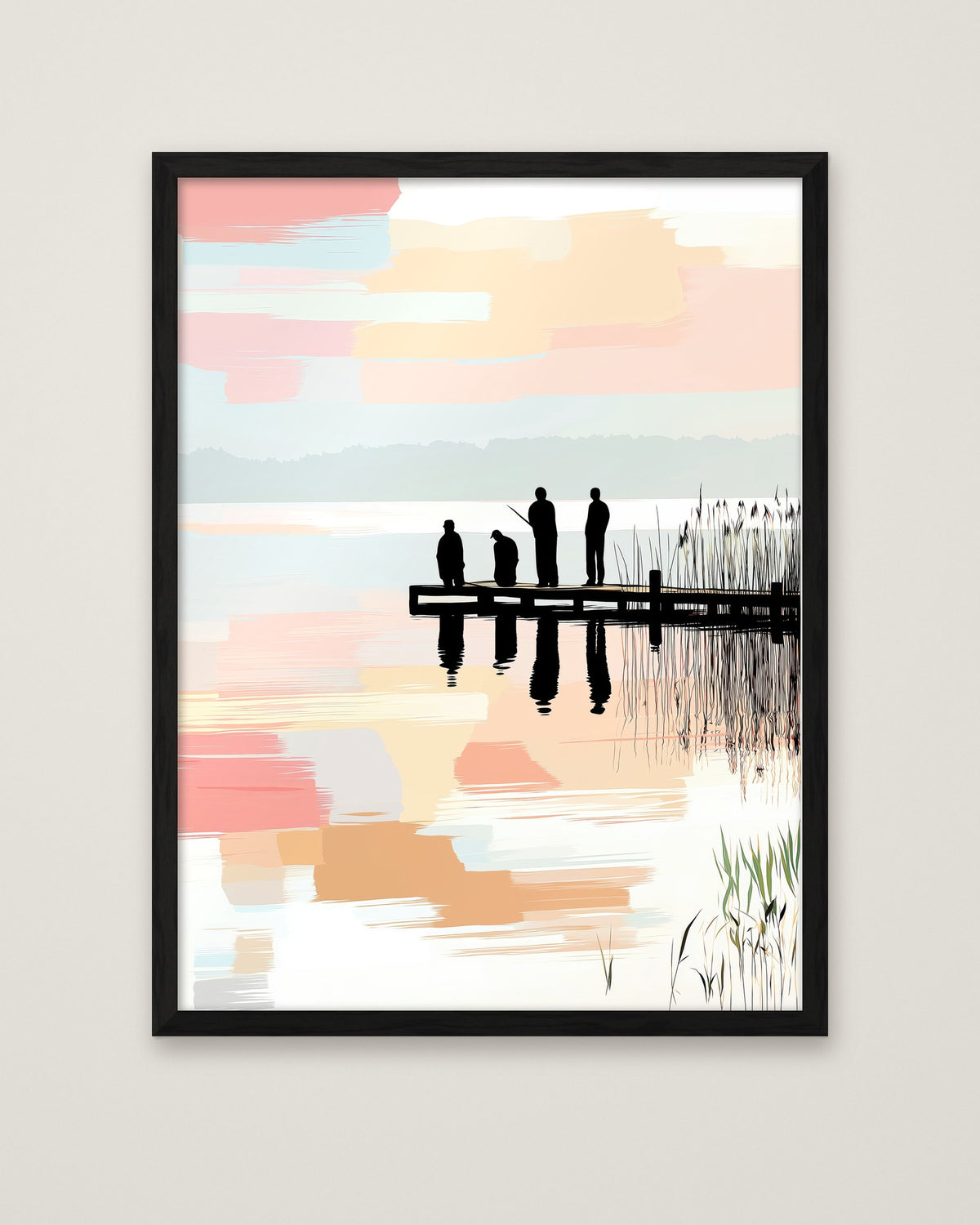 Fishing Dock Silhouette Lake Art in a black frame
