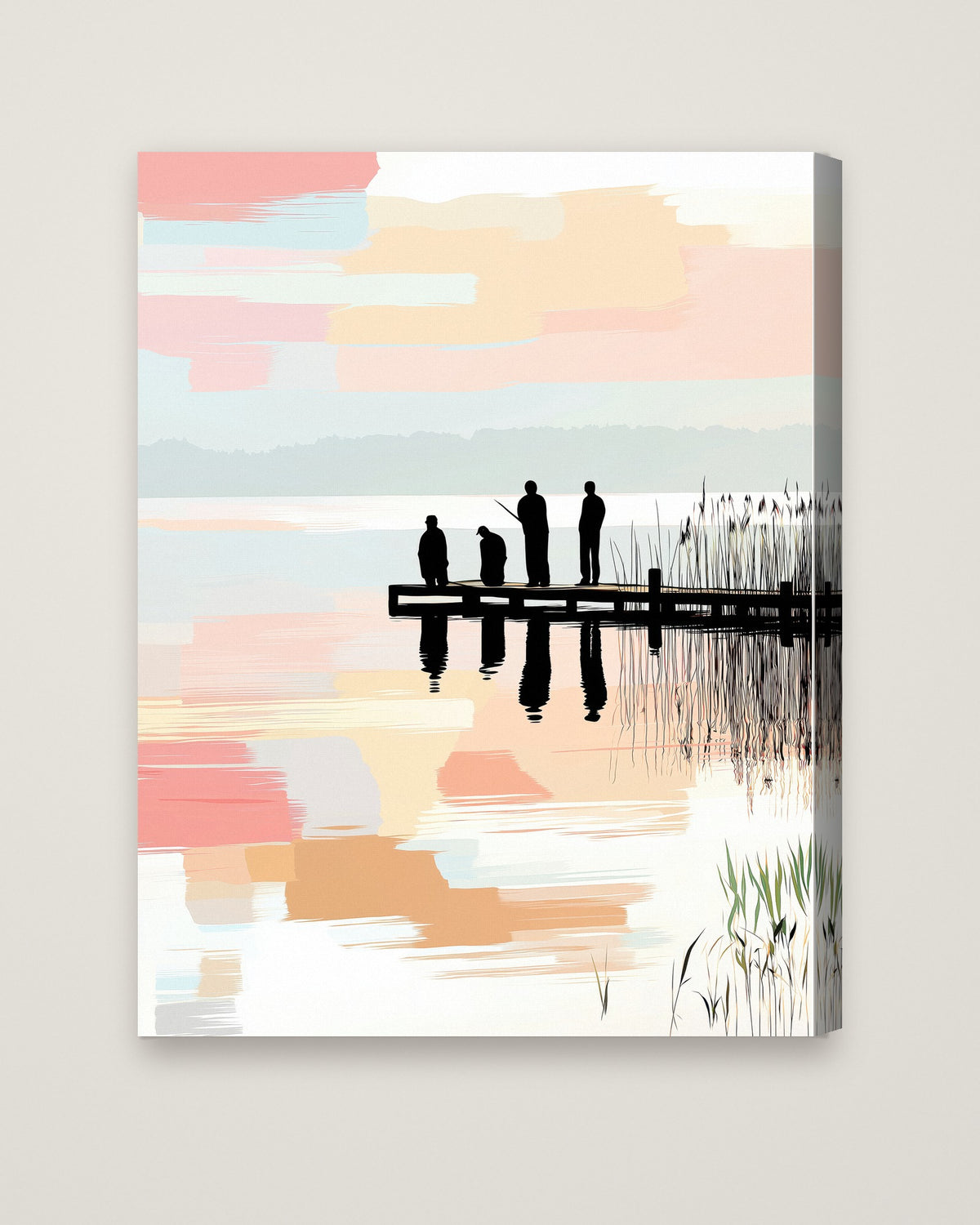 Fishing Dock Silhouette Lake Art as a stretched canvas