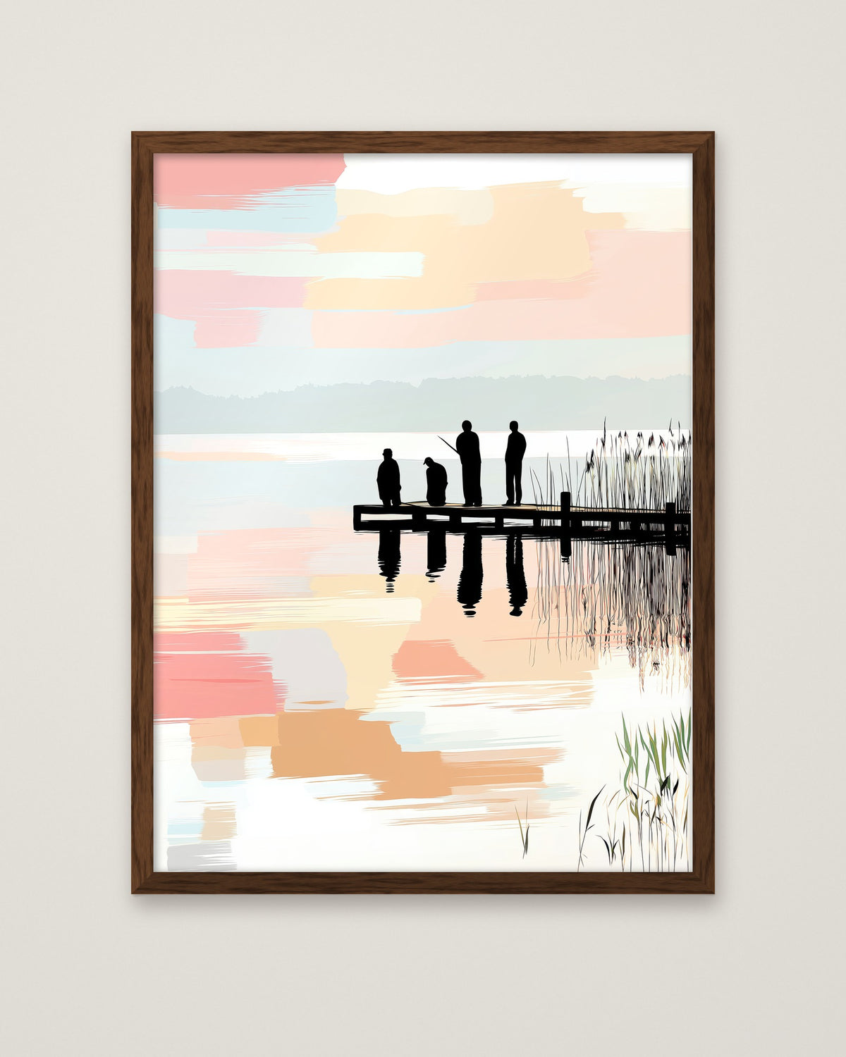 Fishing Dock Silhouette Lake Art in a dark wood frame