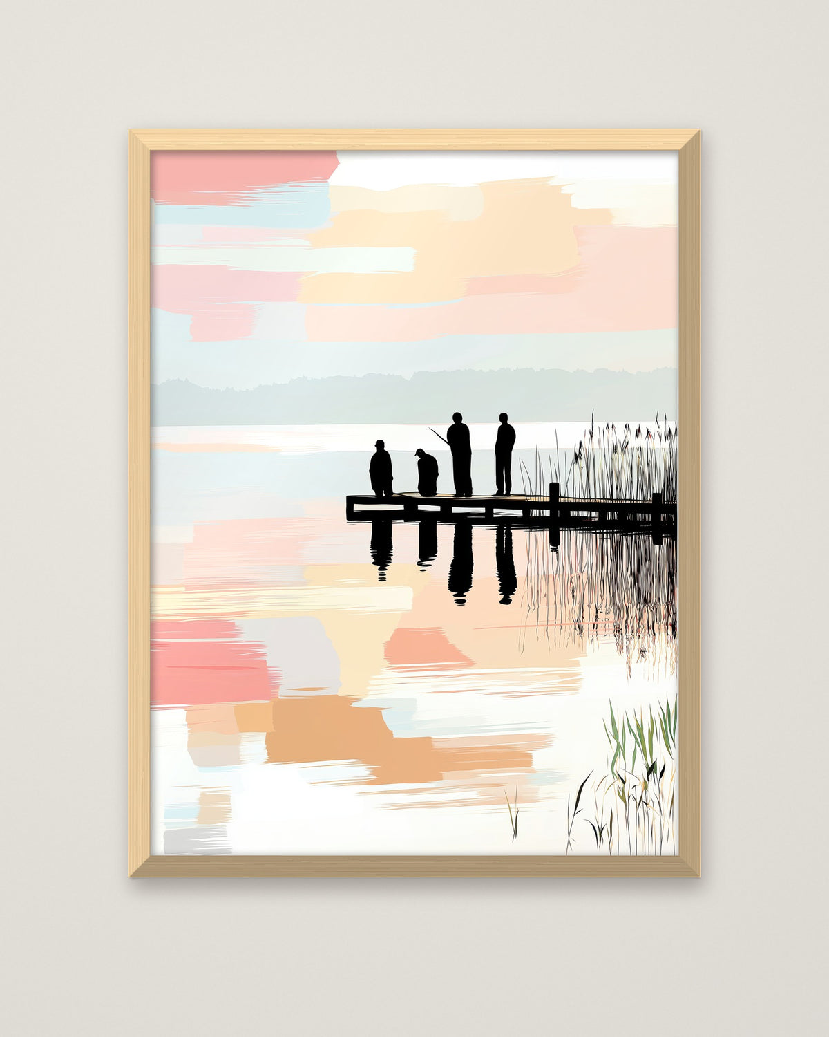 Fishing Dock Silhouette Lake Art in a natural wood frame
