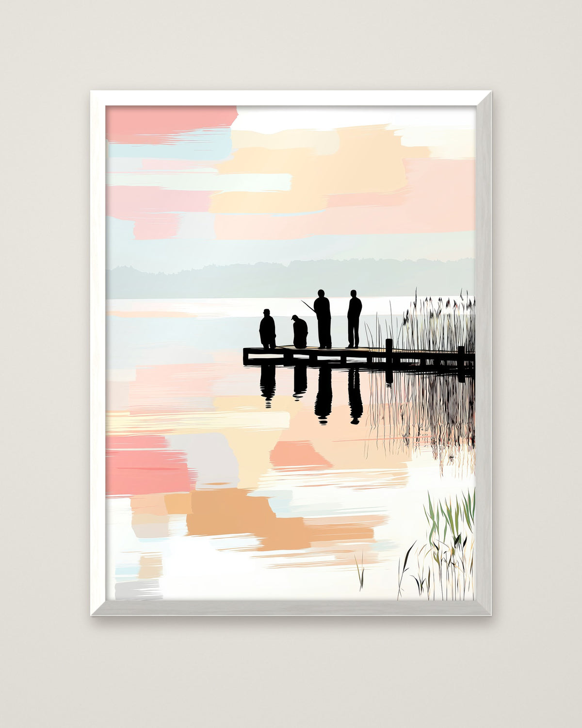 Fishing Dock Silhouette Lake Art in a white frame