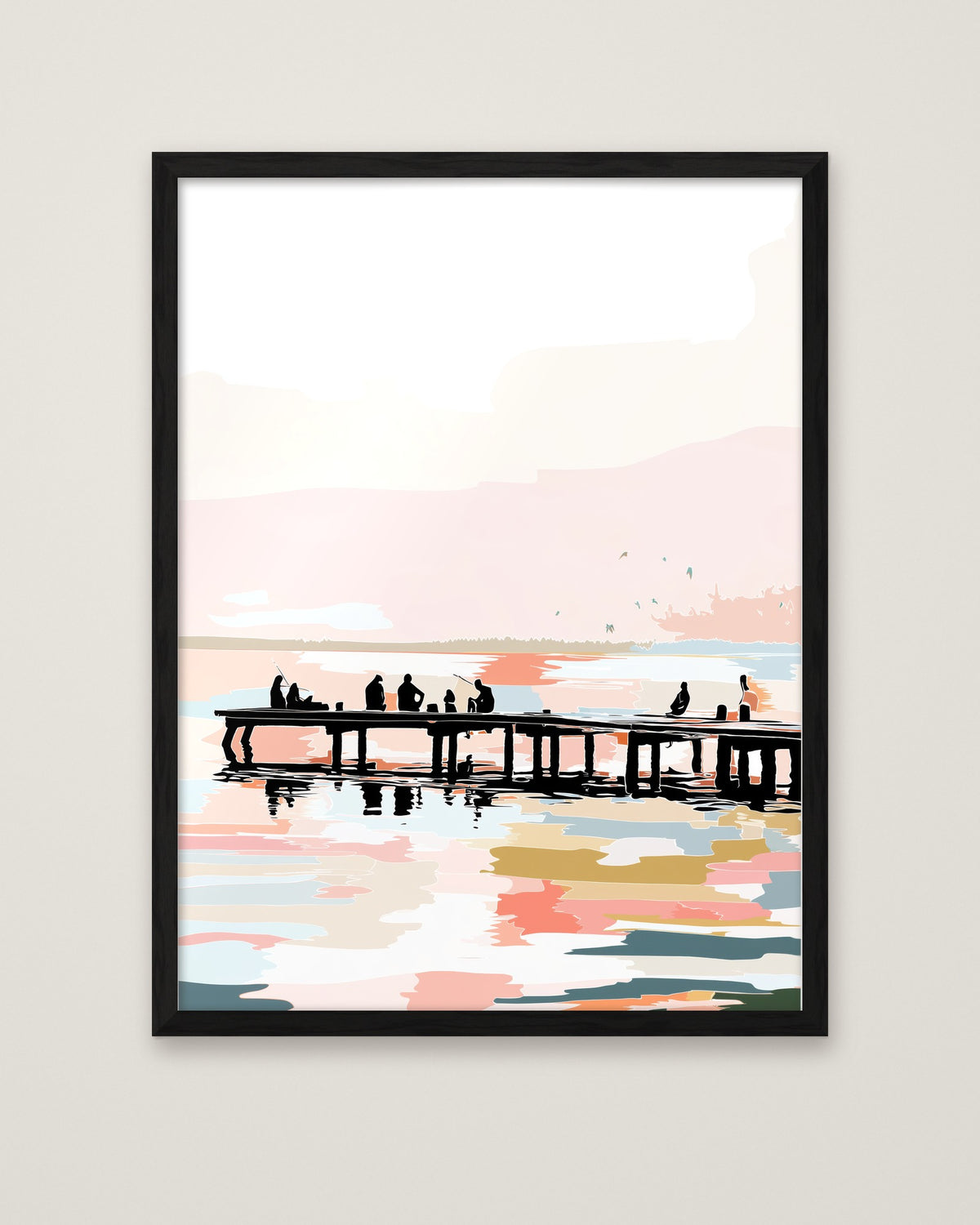 Fishing Pier Sunset Silhouette Art in a black frame