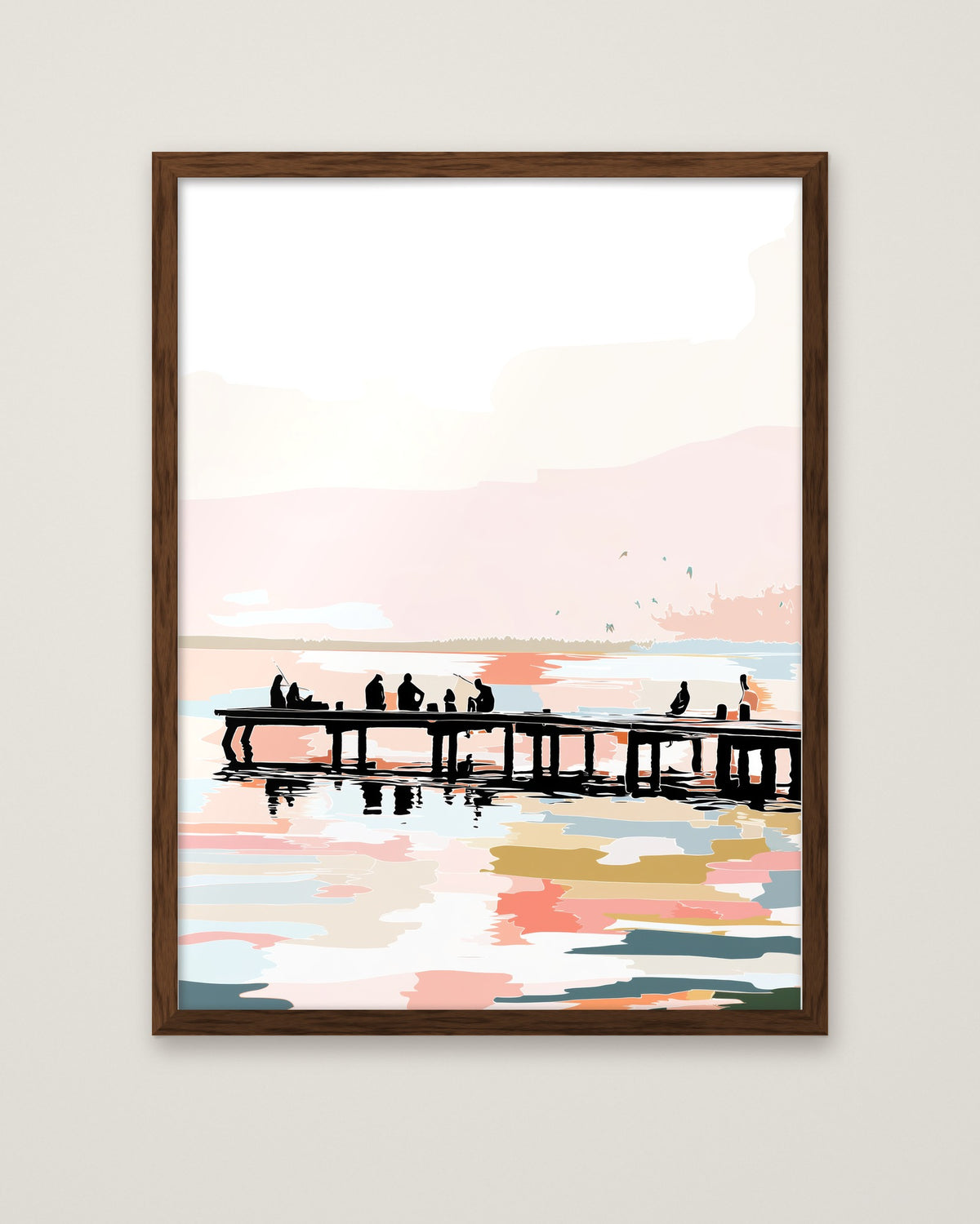 Fishing Pier Sunset Silhouette Art in a dark wood frame