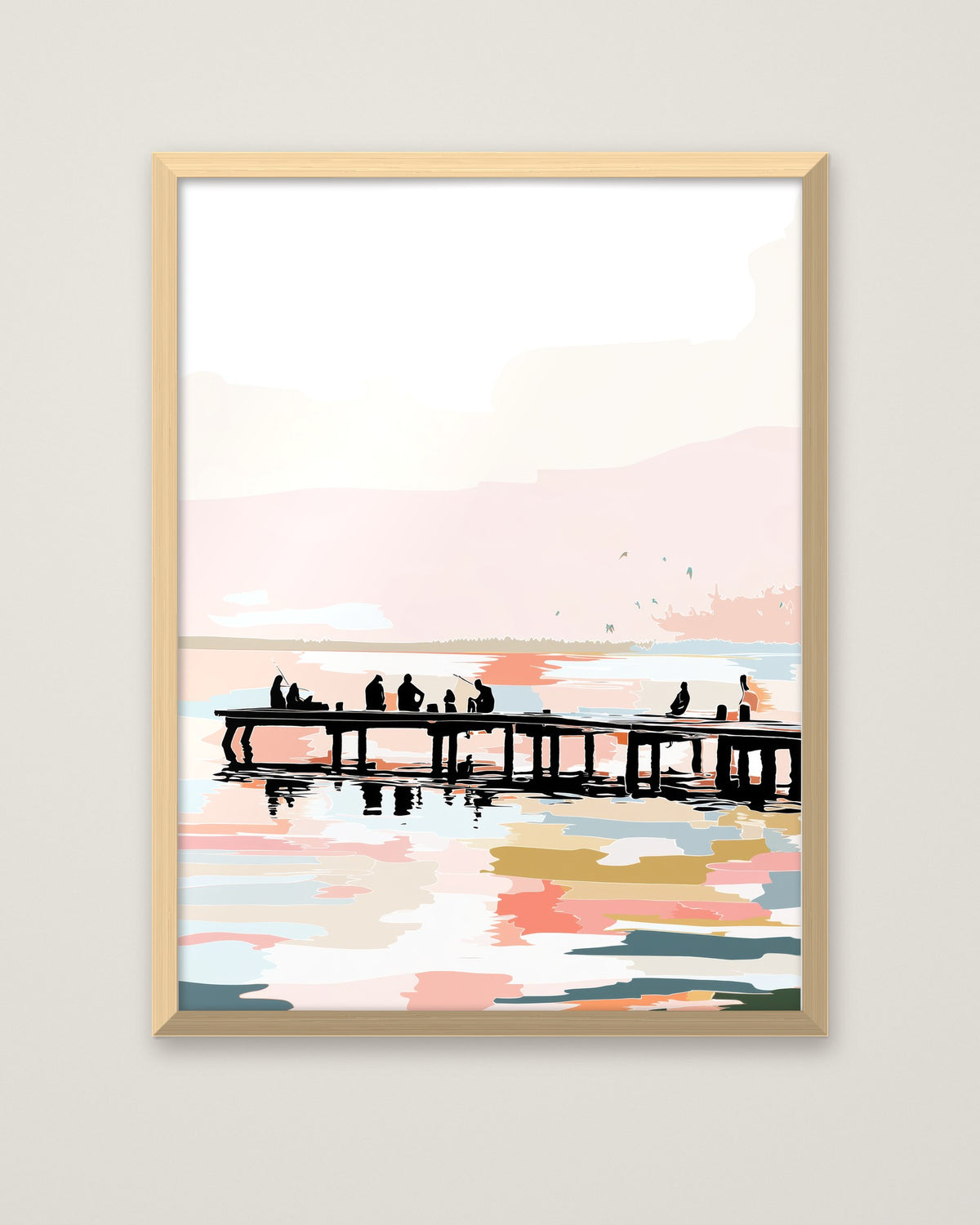 Fishing Pier Sunset Silhouette Art in a natural wood frame