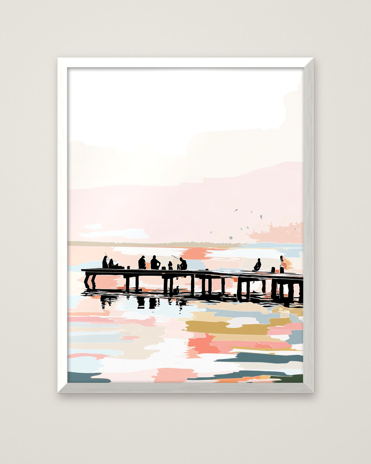 Fishing Pier Sunset Silhouette Art in a white frame