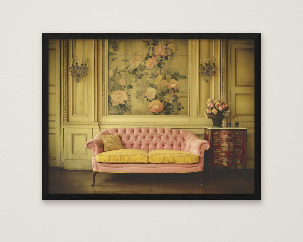 Floral Vintage Salon Art in a black frame