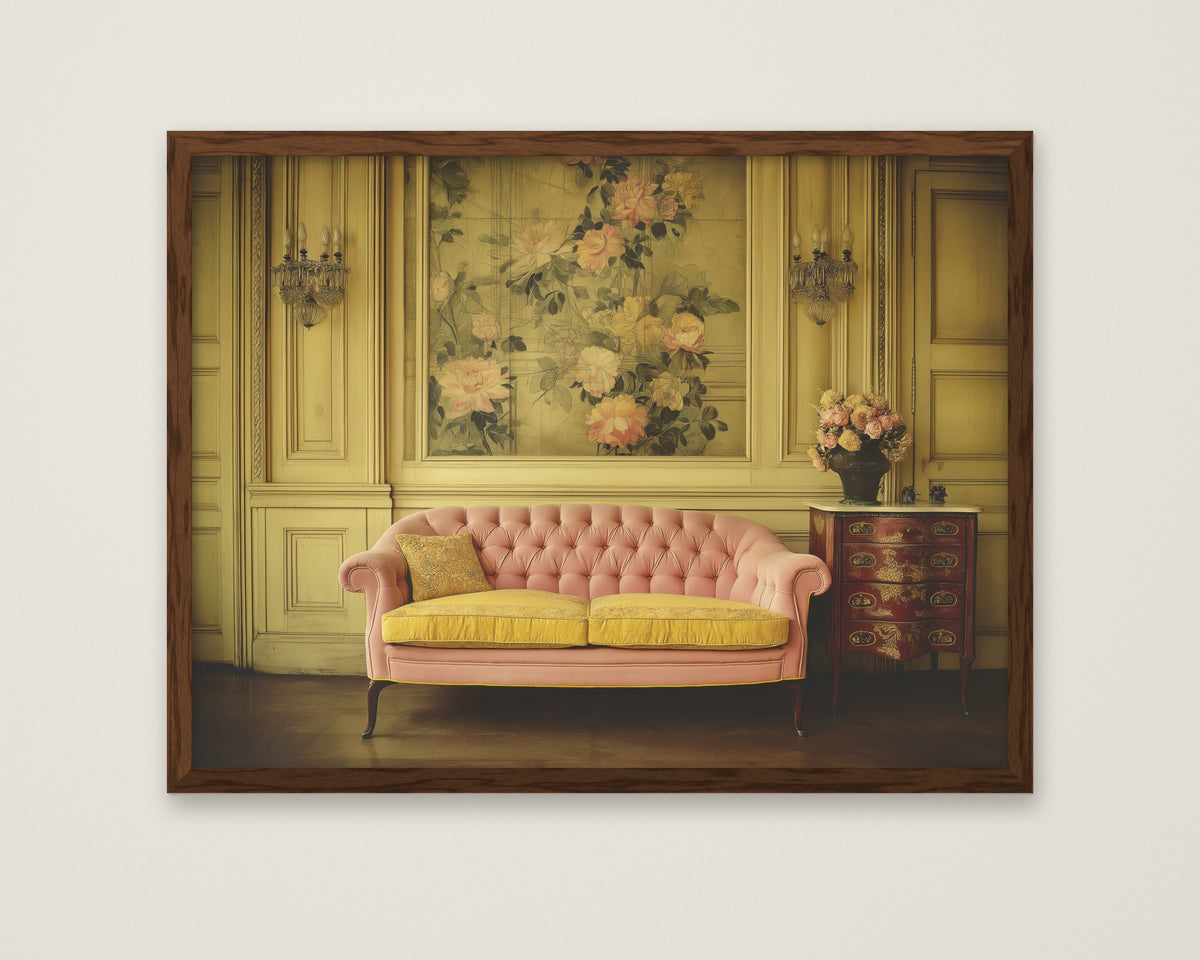 Floral Vintage Salon Art in a dark wood frame