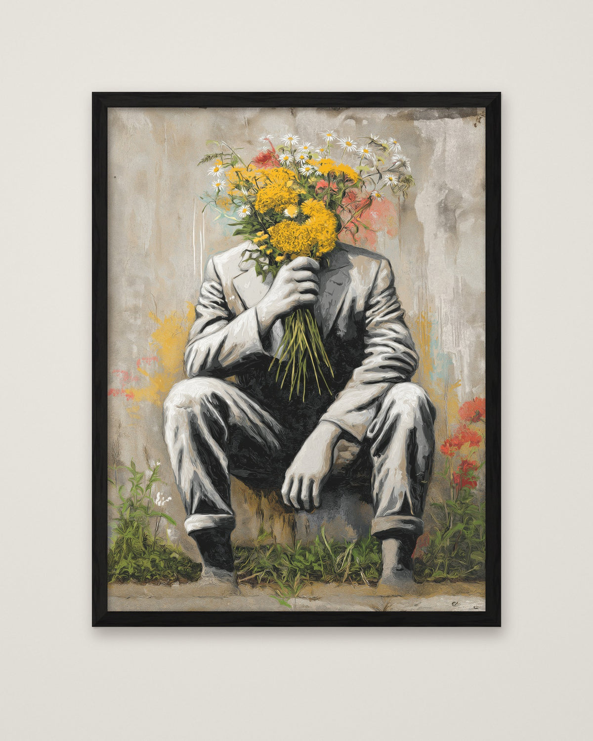 Flower Head Man Street Art in a black frame