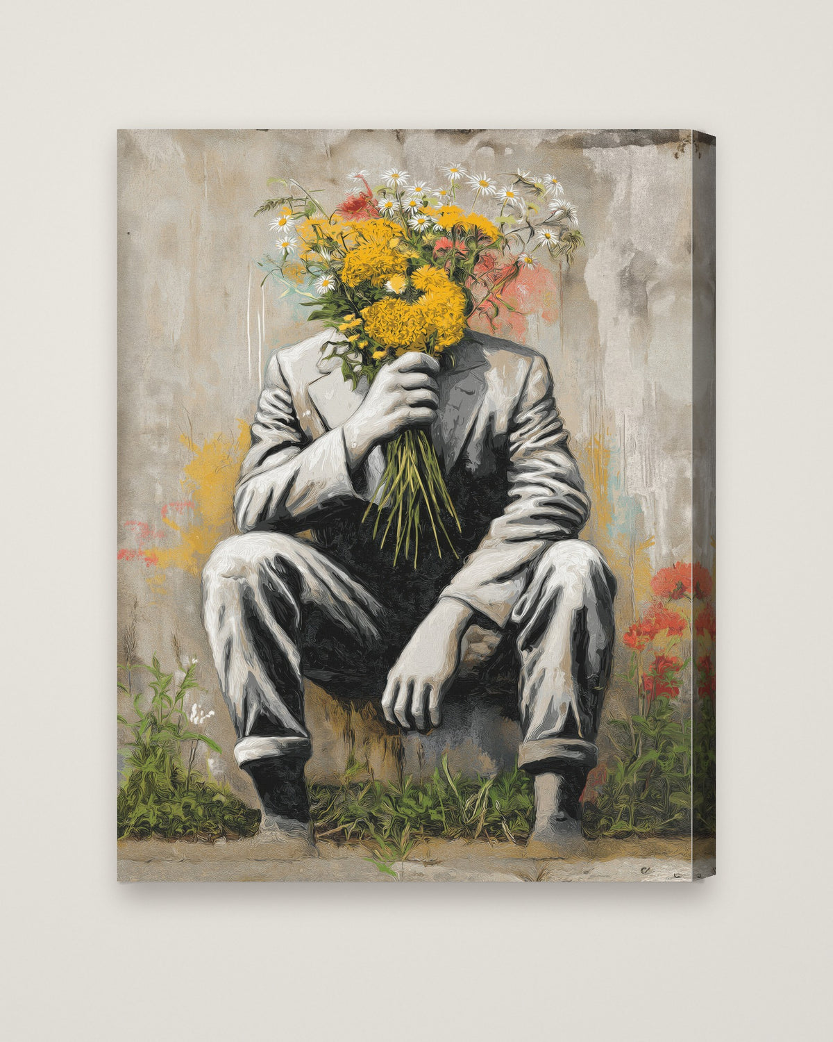 Flower Head Man Street Art as a stretched canvas