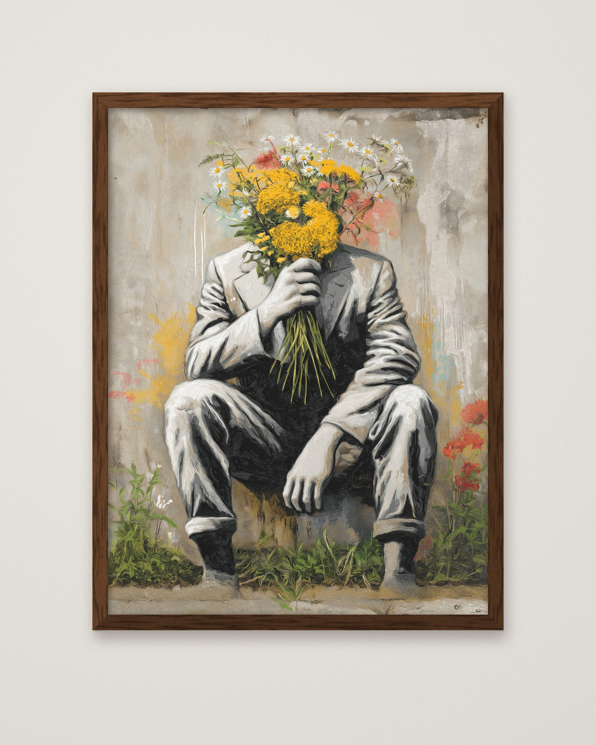 Flower Head Man Street Art in a dark wood frame
