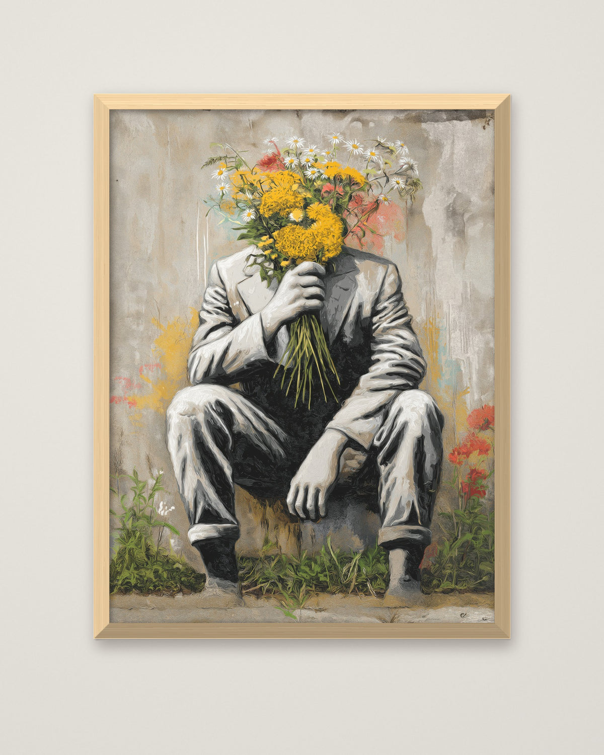 Flower Head Man Street Art in a natural wood frame
