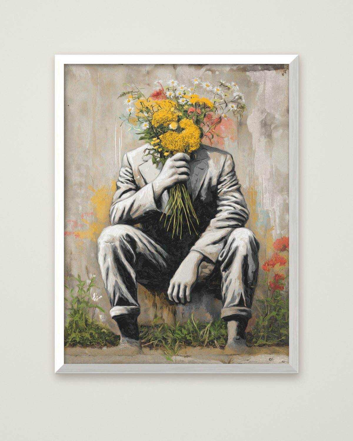 Flower Head Man Street Art in a white frame