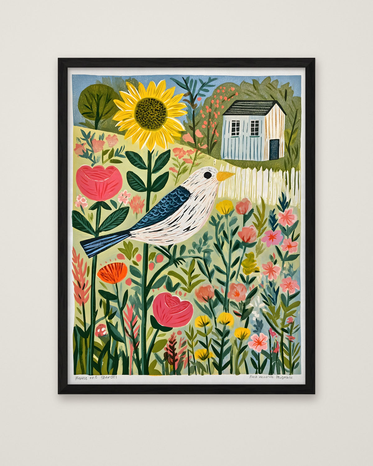 Folk Art Bird Garden Print in a black frame