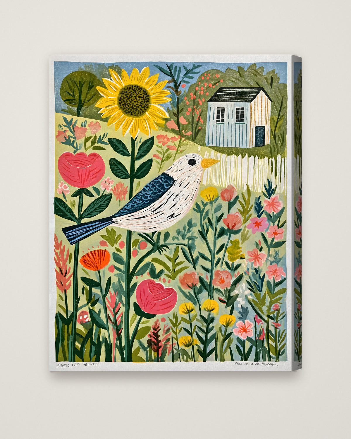 Folk Art Bird Garden Print as a stretched canvas