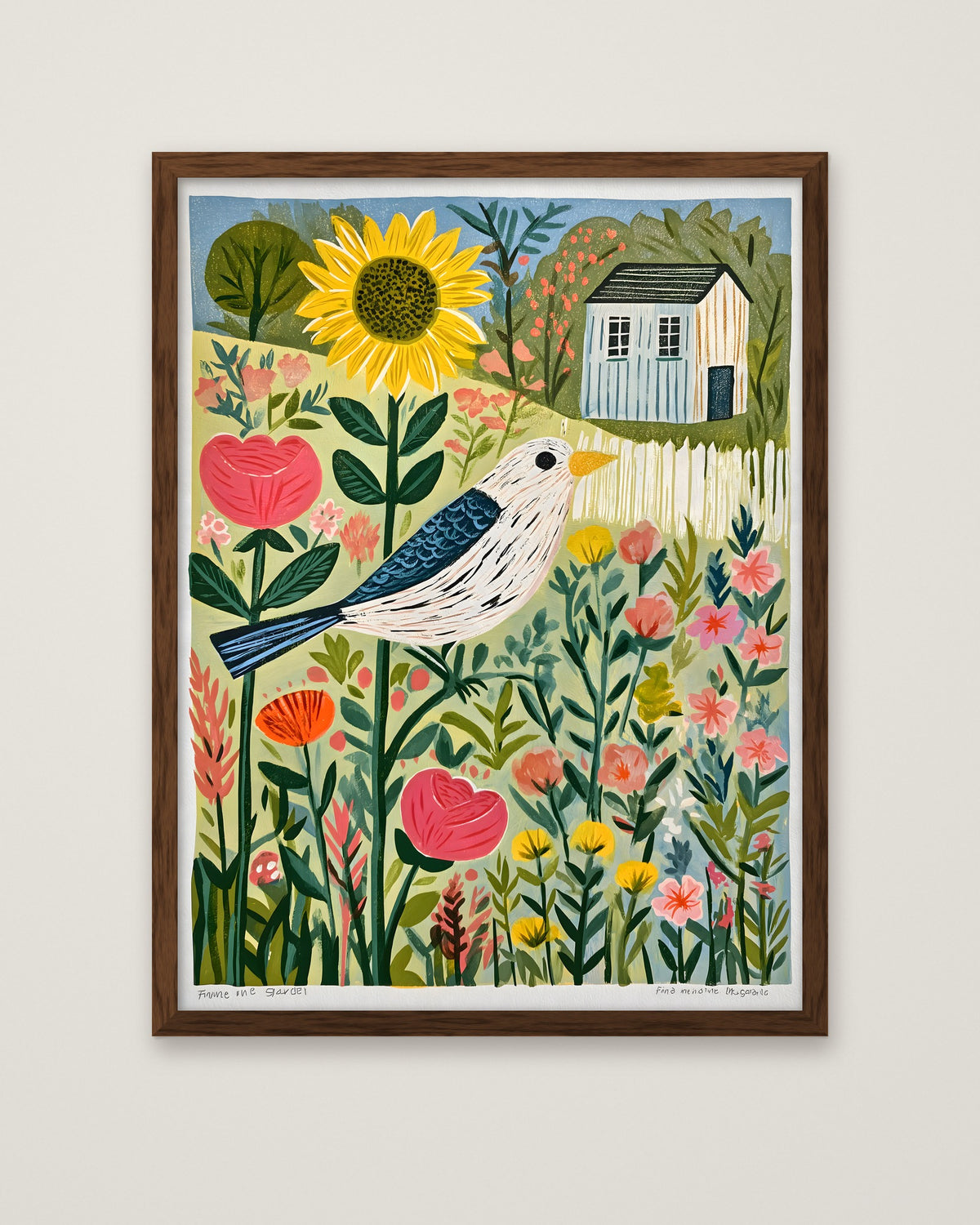 Folk Art Bird Garden Print in a dark wood frame