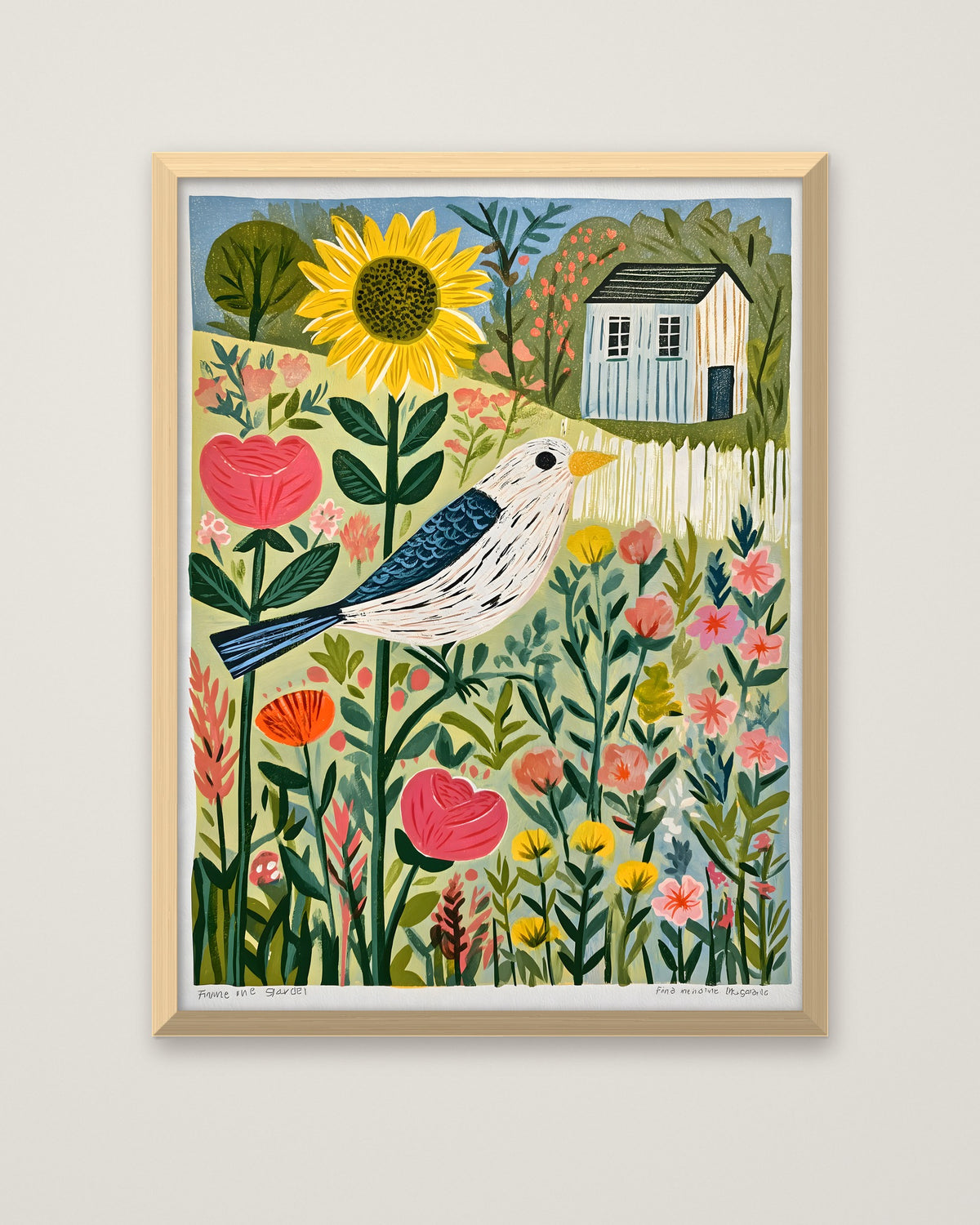Folk Art Bird Garden Print in a natural wood frame