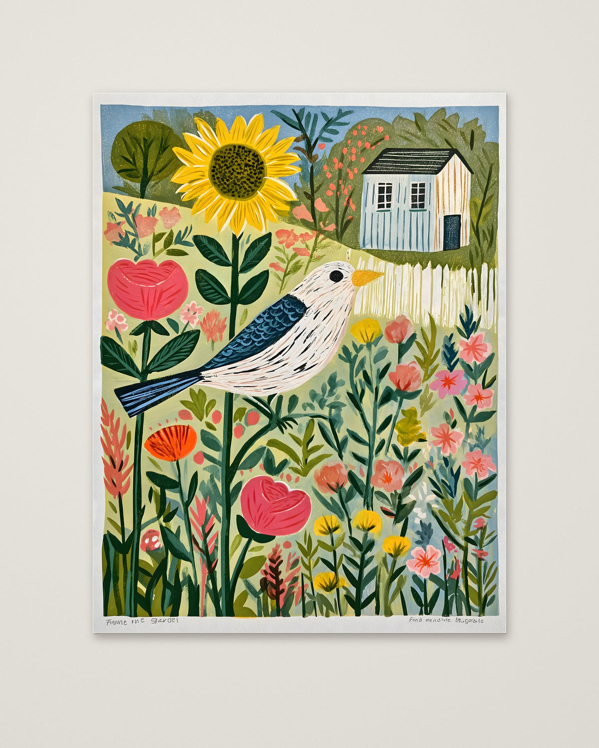 Folk Art Bird Garden Print as an unframed matte paper print