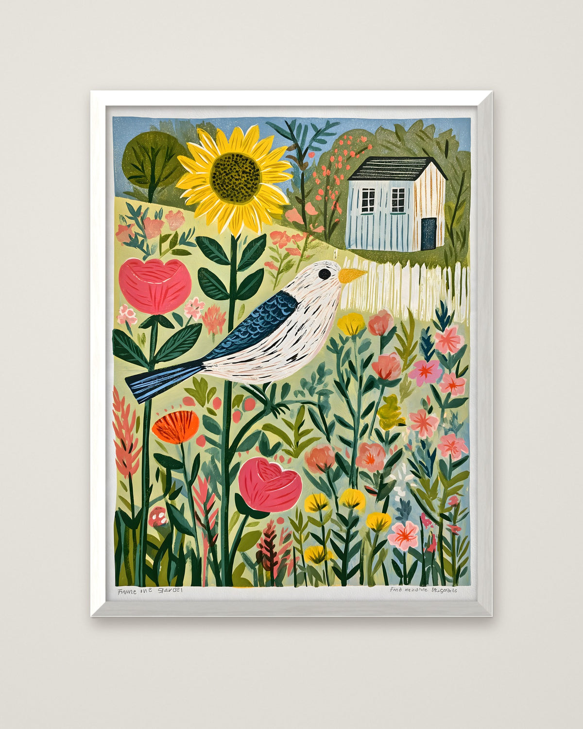 Folk Art Bird Garden Print in a white frame