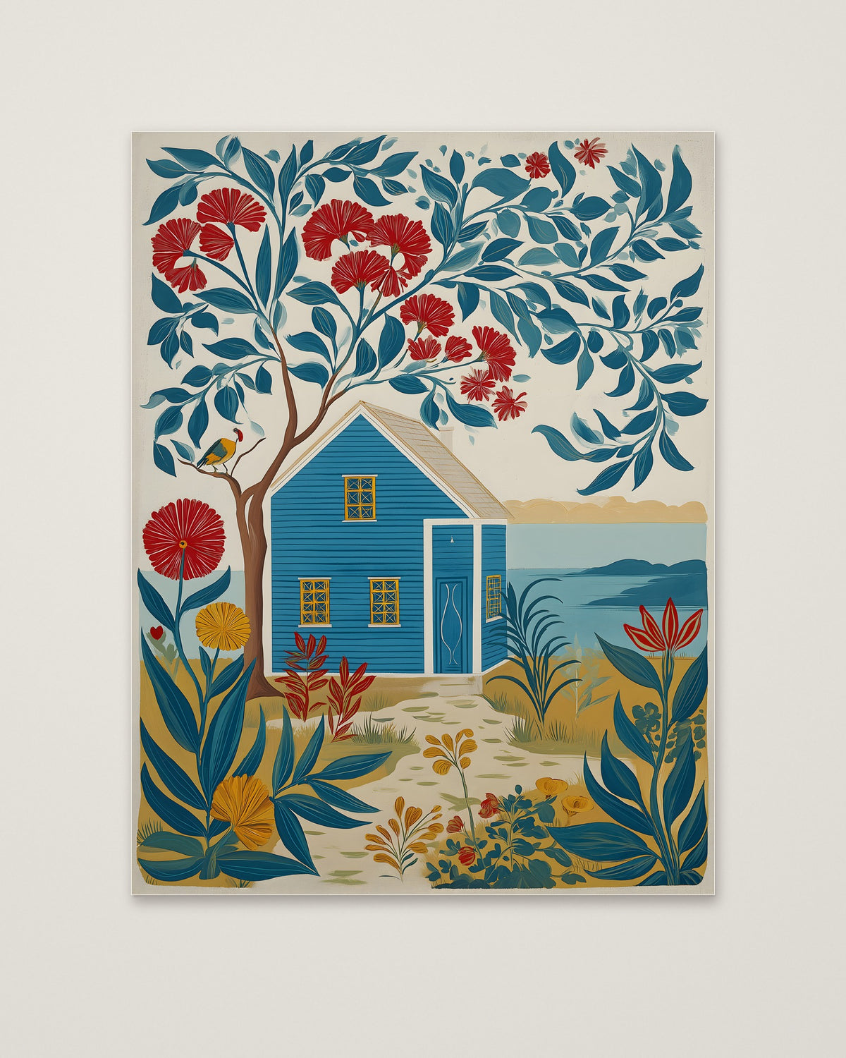 Folk Art Coastal Cottage Floral as an unframed matte paper print