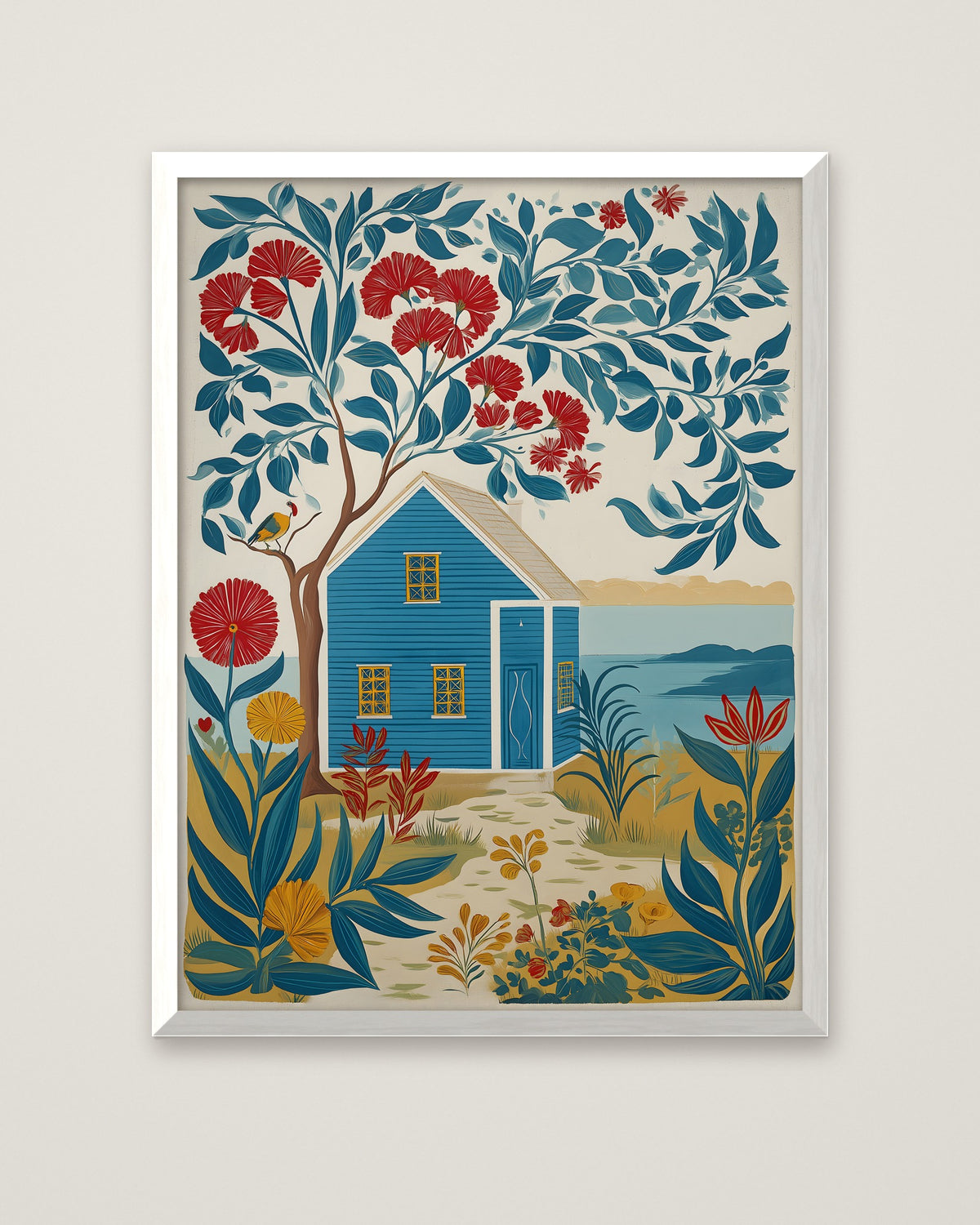 Folk Art Coastal Cottage Floral in a white frame