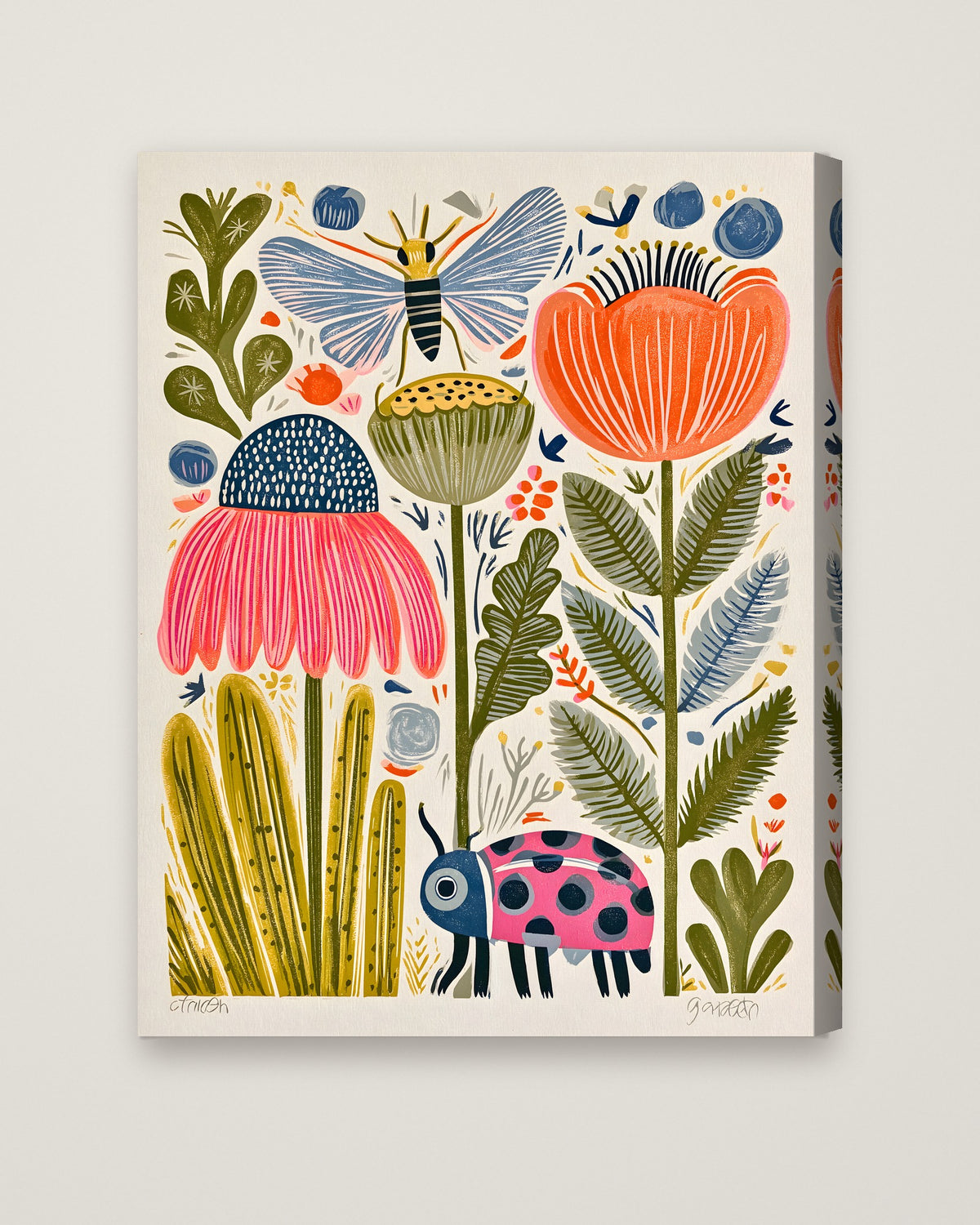 Folk Art Garden Botanical Print as a stretched canvas