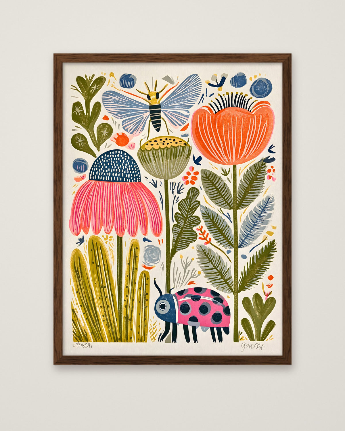 Folk Art Garden Botanical Print in a dark wood frame