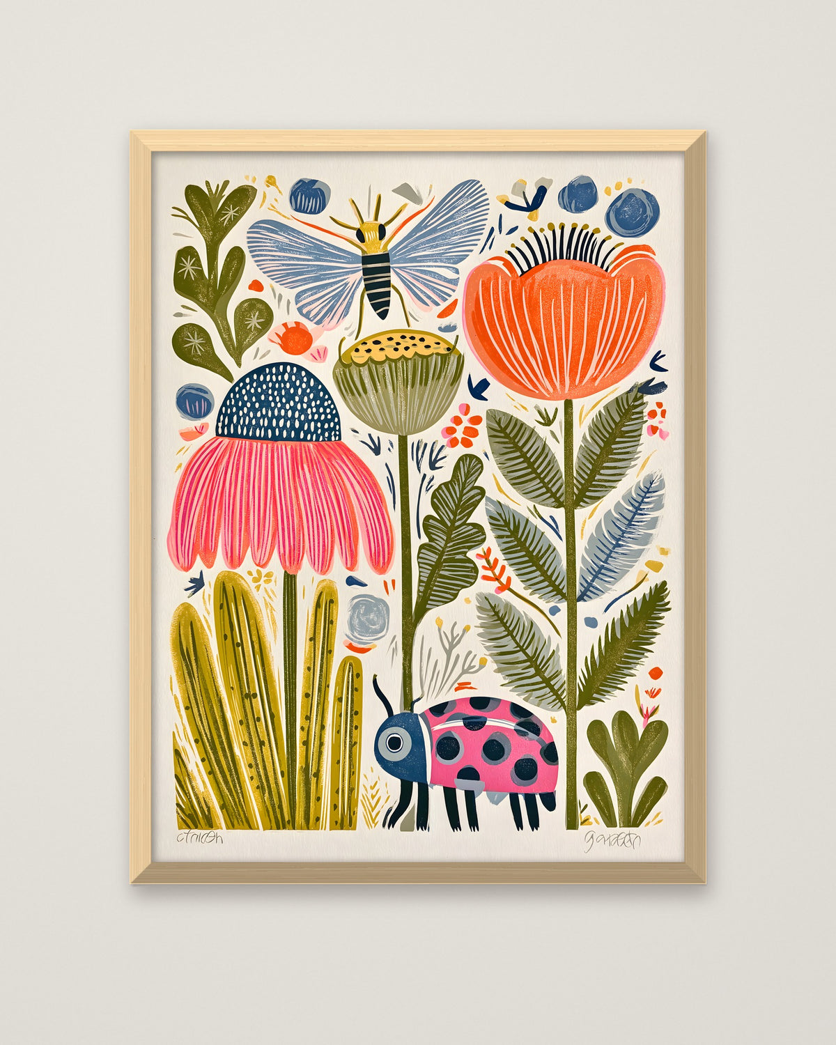 Folk Art Garden Botanical Print in a natural wood frame