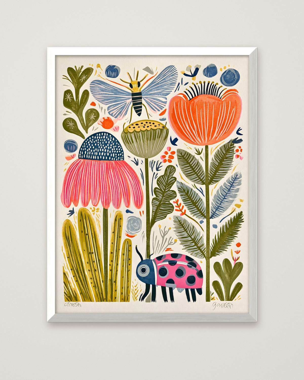 Folk Art Garden Botanical Print in a white frame
