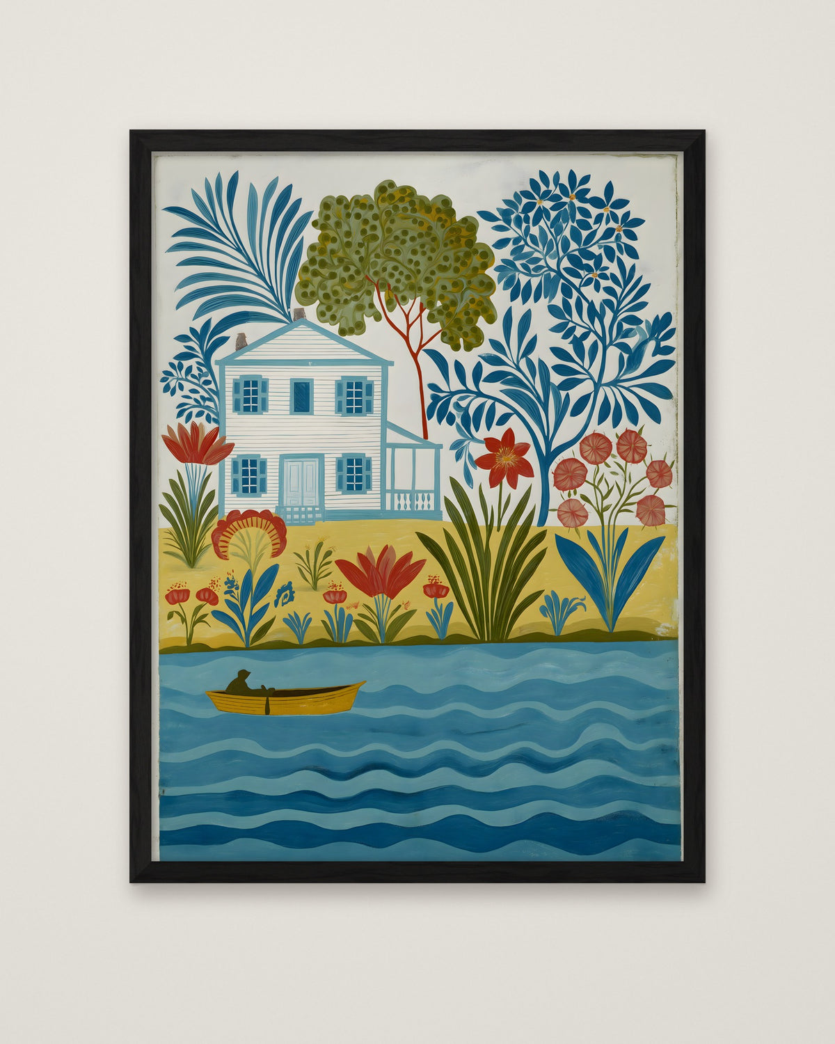 Folk Art Riverside Cottage Botanical in a black frame