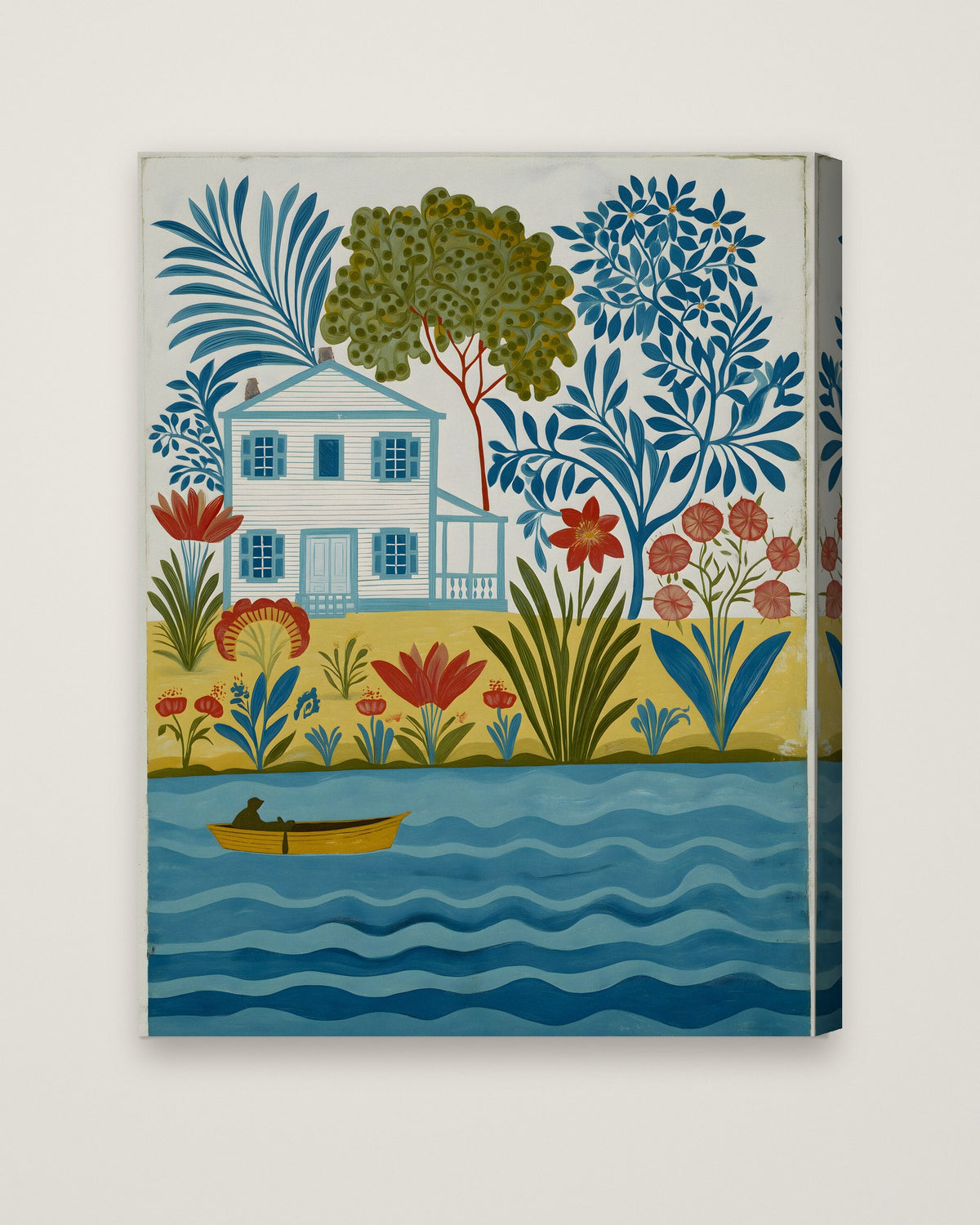 Folk Art Riverside Cottage Botanical as a stretched canvas