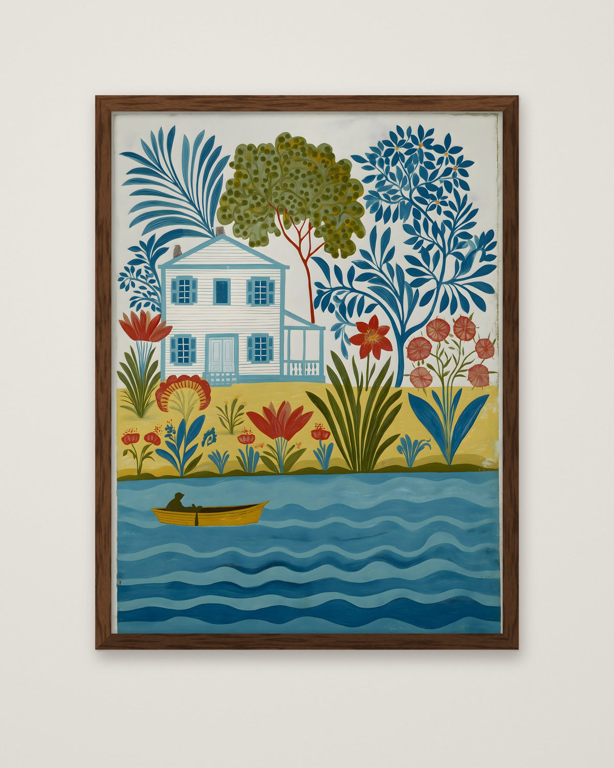 Folk Art Riverside Cottage Botanical in a dark wood frame