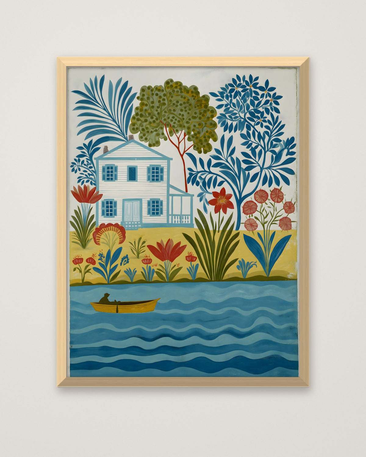 Folk Art Riverside Cottage Botanical in a natural wood frame
