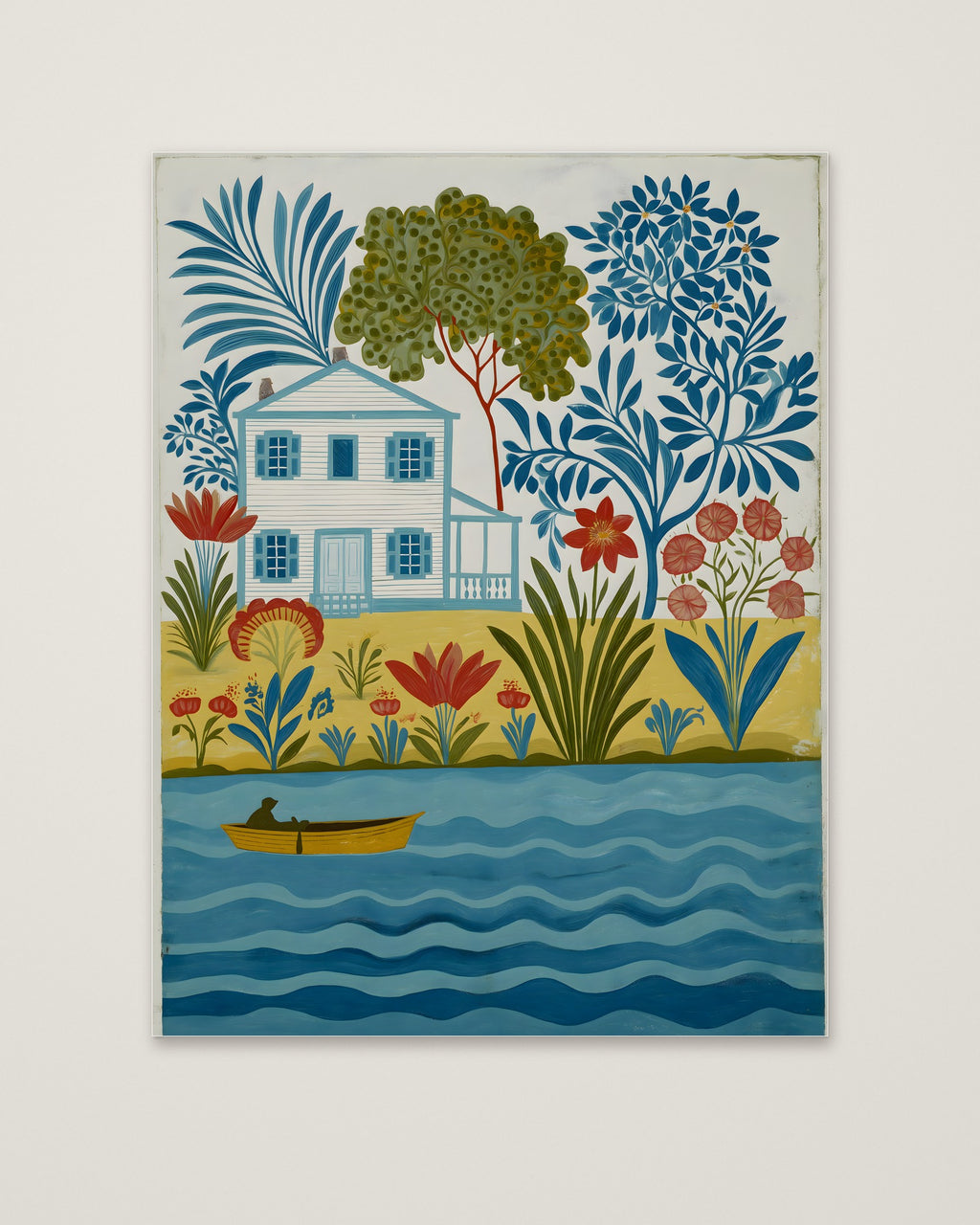 Folk Art Riverside Cottage Botanical as an unframed matte paper print