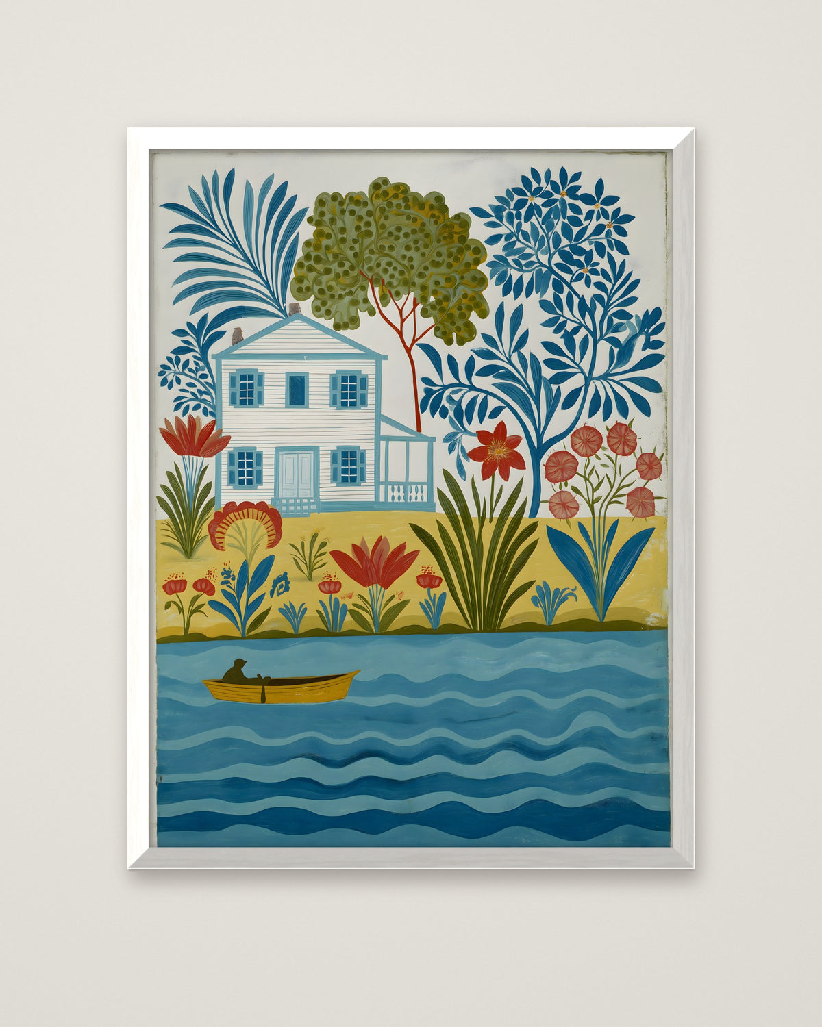 Folk Art Riverside Cottage Botanical in a white frame