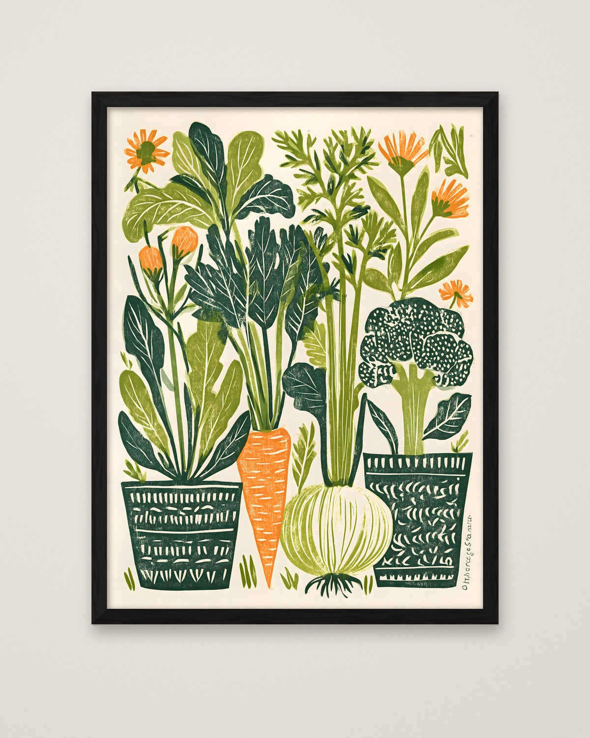 Folk Art Vegetable Garden Print in a black frame