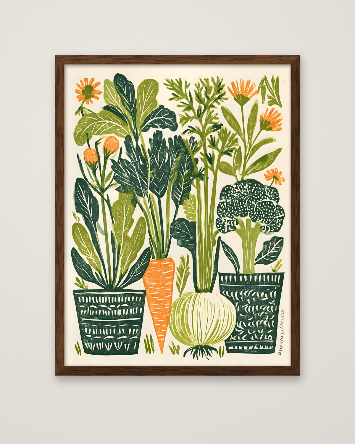 Folk Art Vegetable Garden Print in a dark wood frame