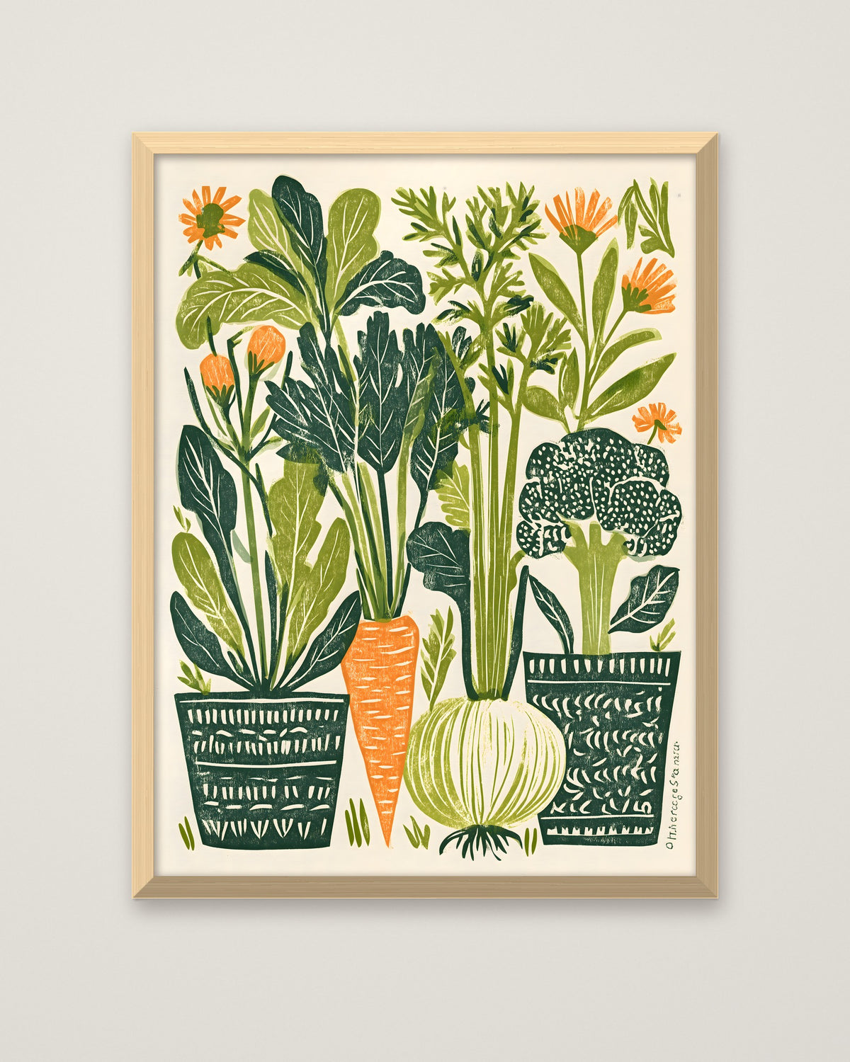 Folk Art Vegetable Garden Print in a natural wood frame