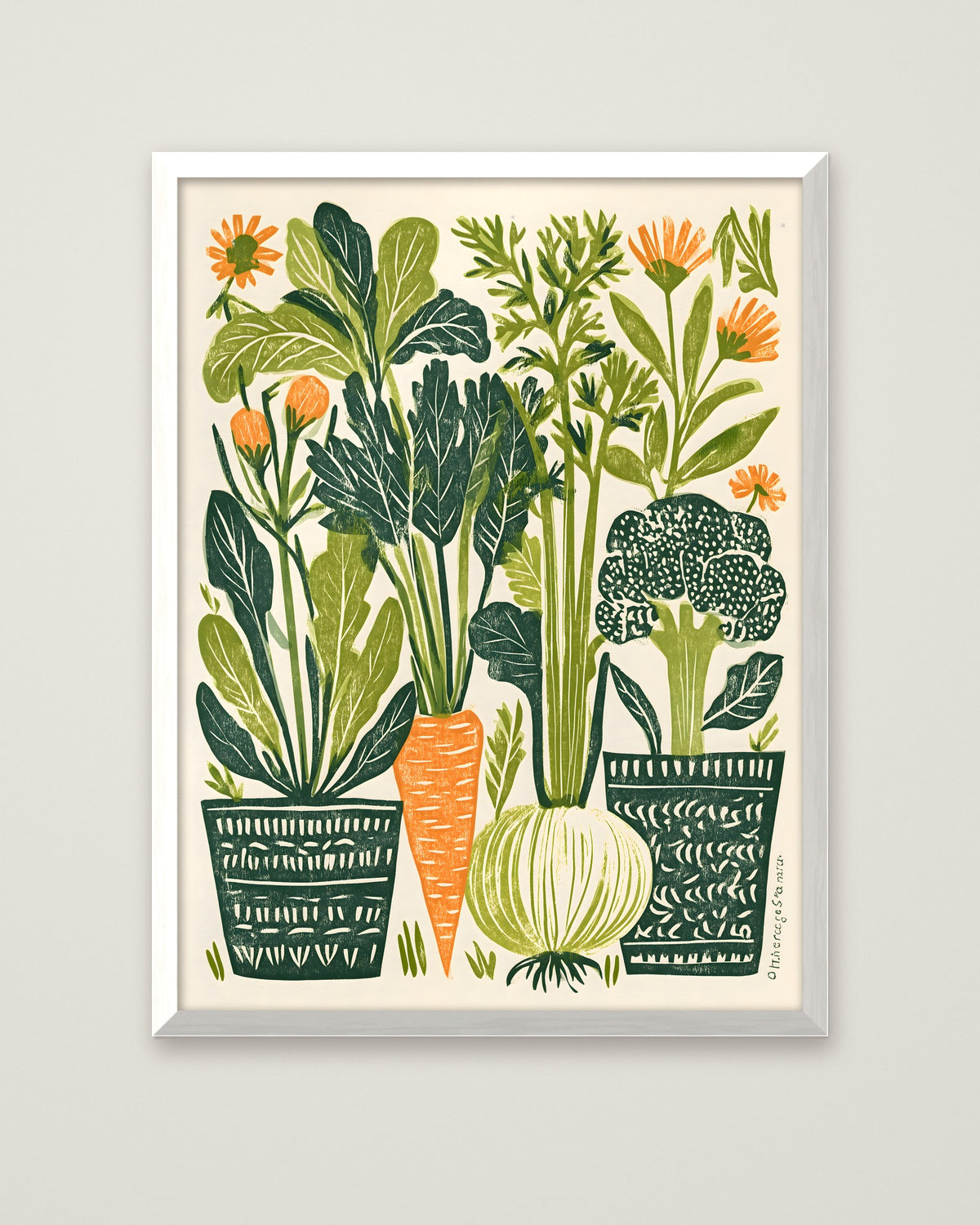 Folk Art Vegetable Garden Print in a white frame