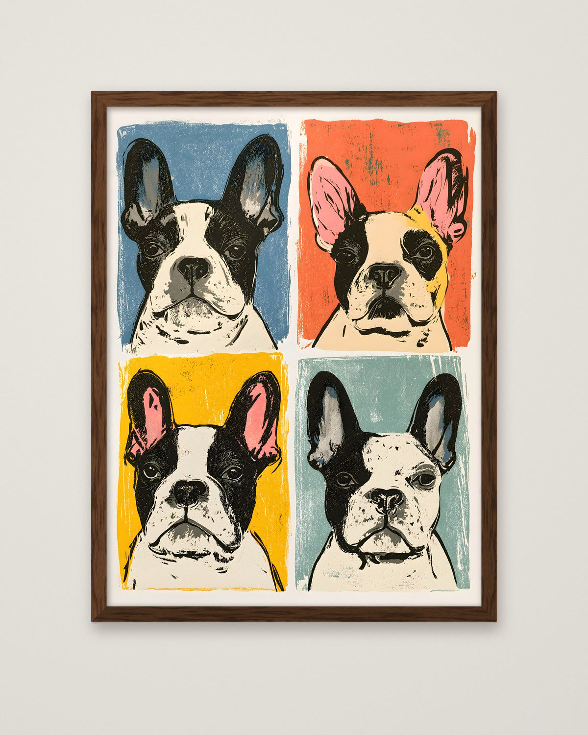 French Bulldog Pop Art Print in a dark wood frame