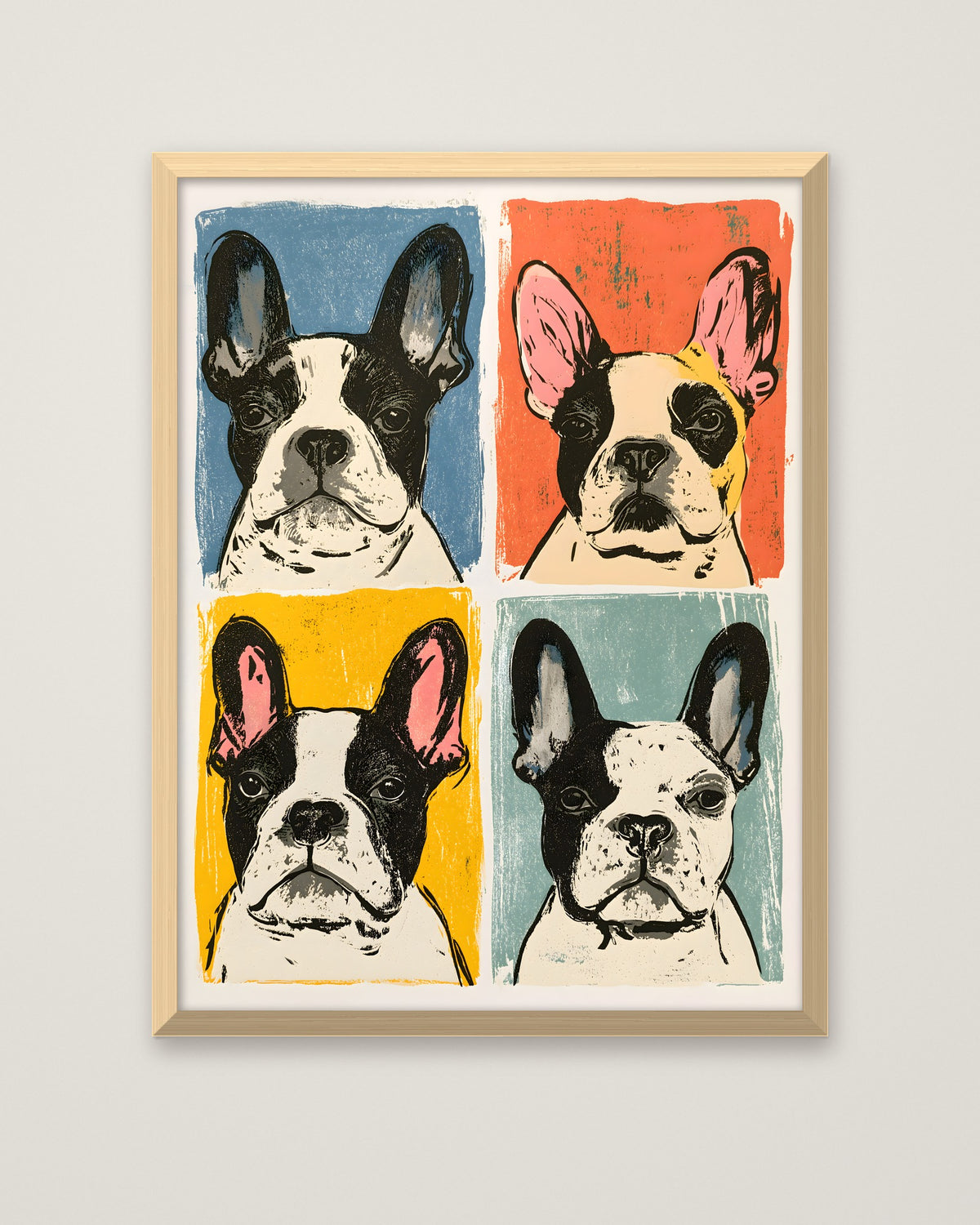 French Bulldog Pop Art Print in a natural wood frame