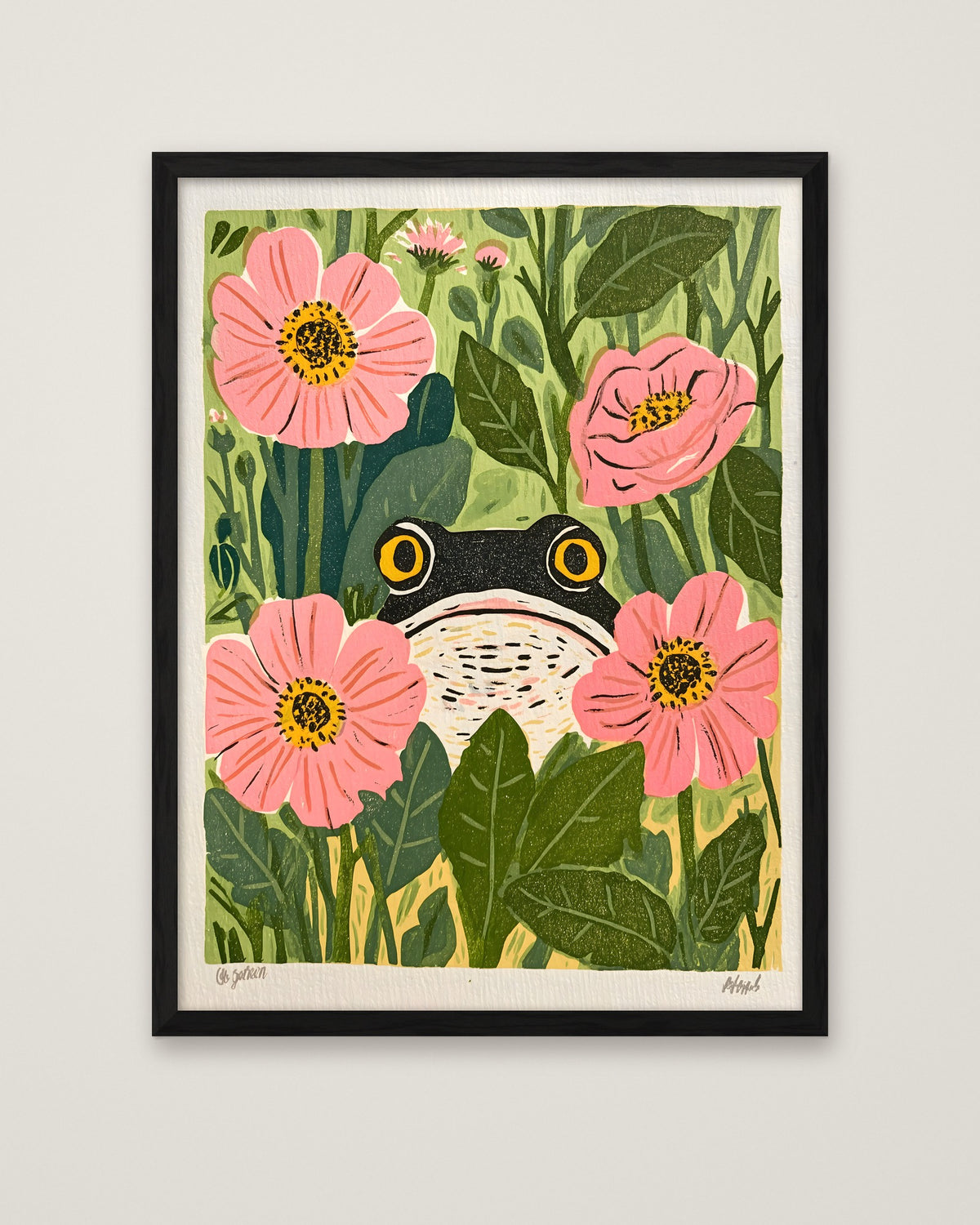 Frog Pink Flower Garden Art in a black frame