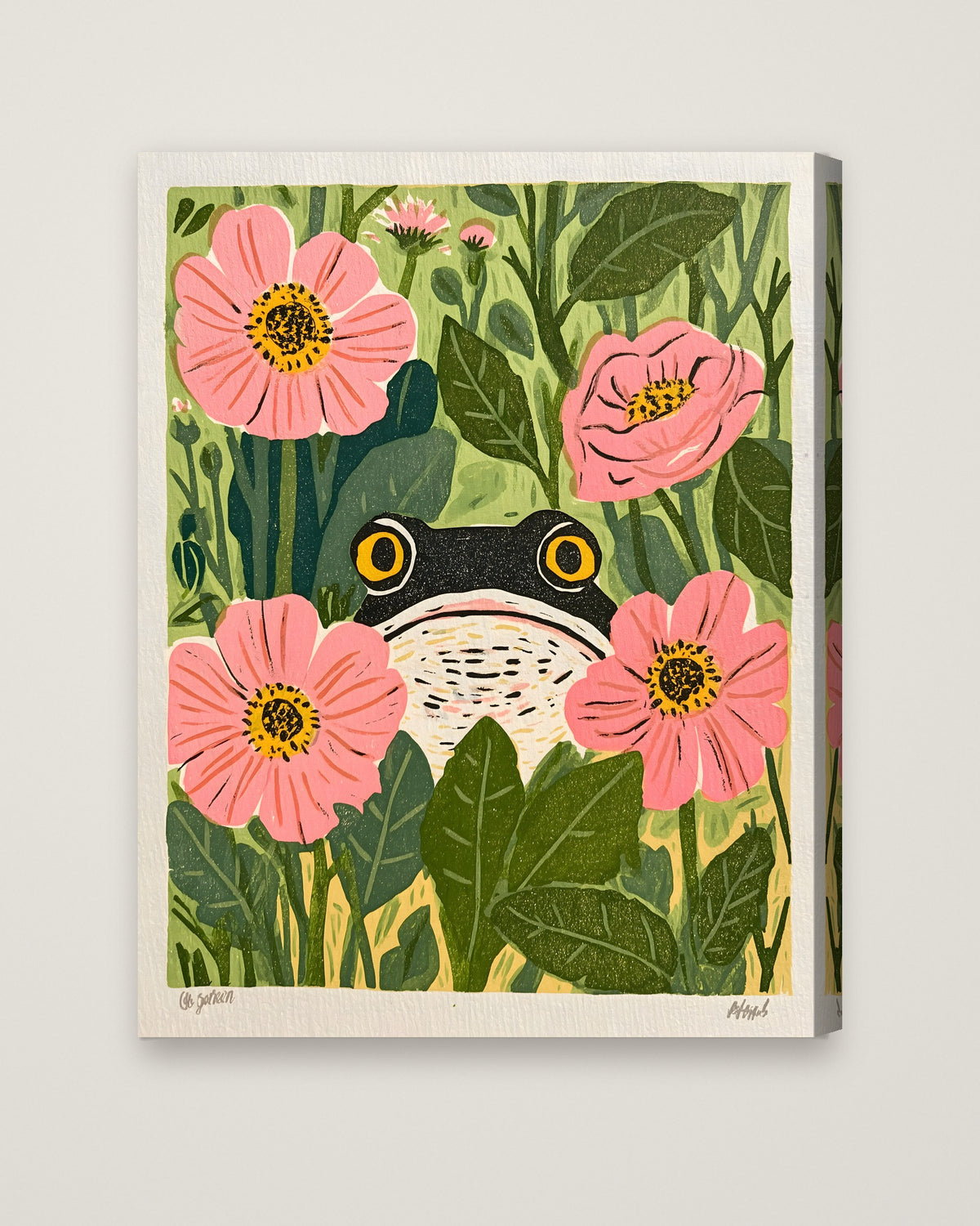 Frog Pink Flower Garden Art as a stretched canvas