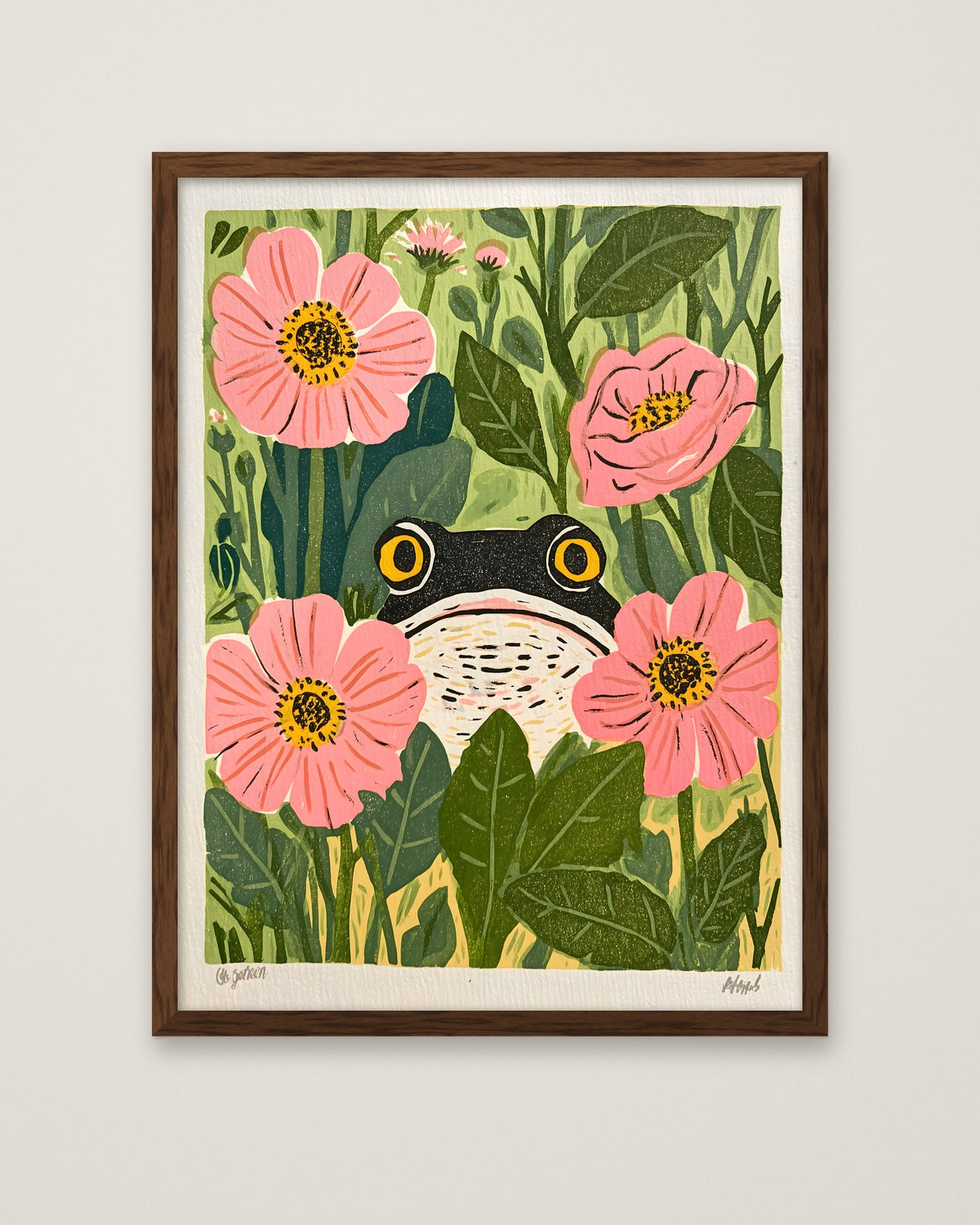 Frog Pink Flower Garden Art in a dark wood frame